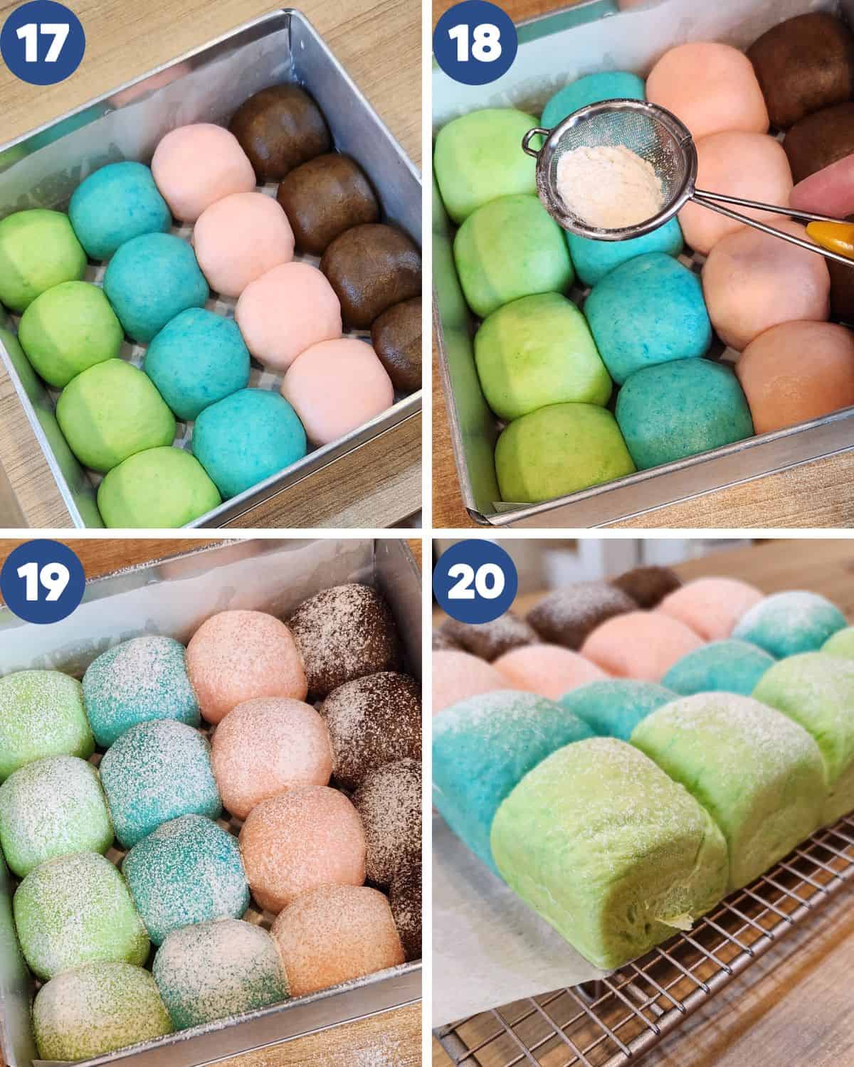 Step by step process photos of dusting the japanese milk bread and baking them.