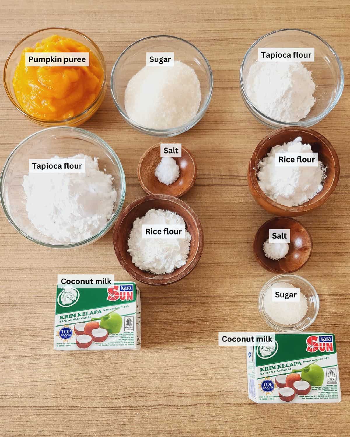 Kuih talam labu ingredients with labels.