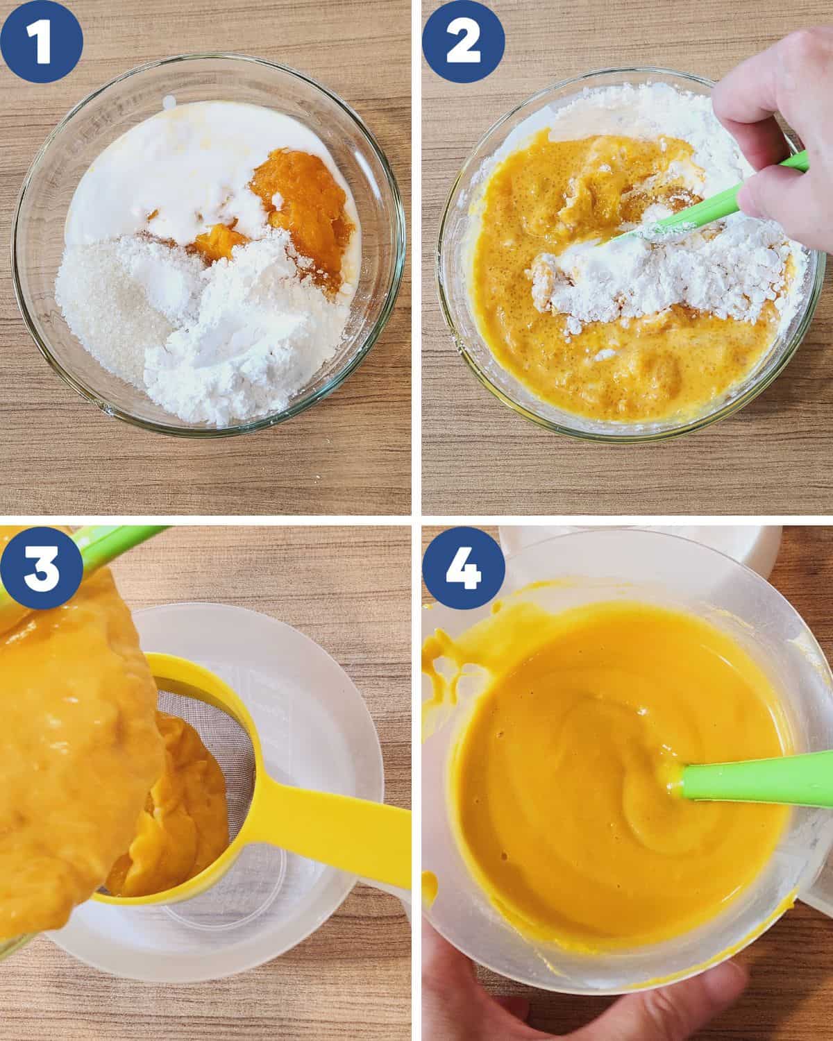 Step by step process photos of mixing the batter for kuih talam labu.