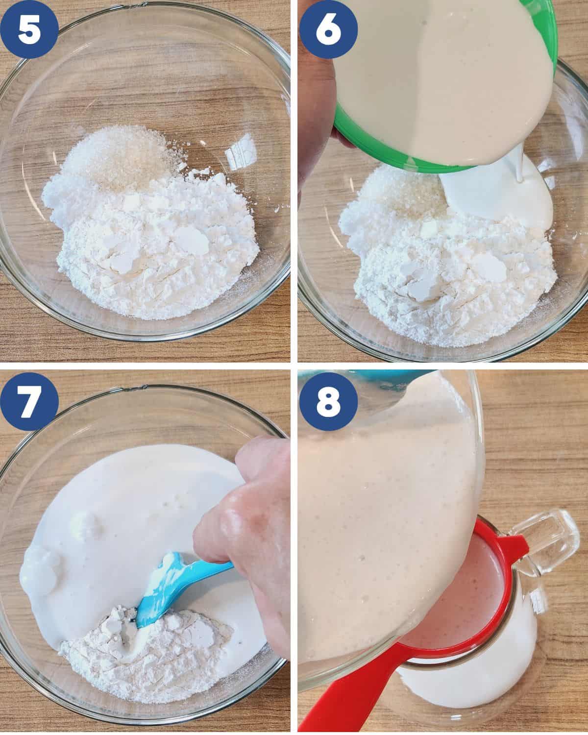 Step by step process photos of mixing the coconut layer for kuih talam labu.