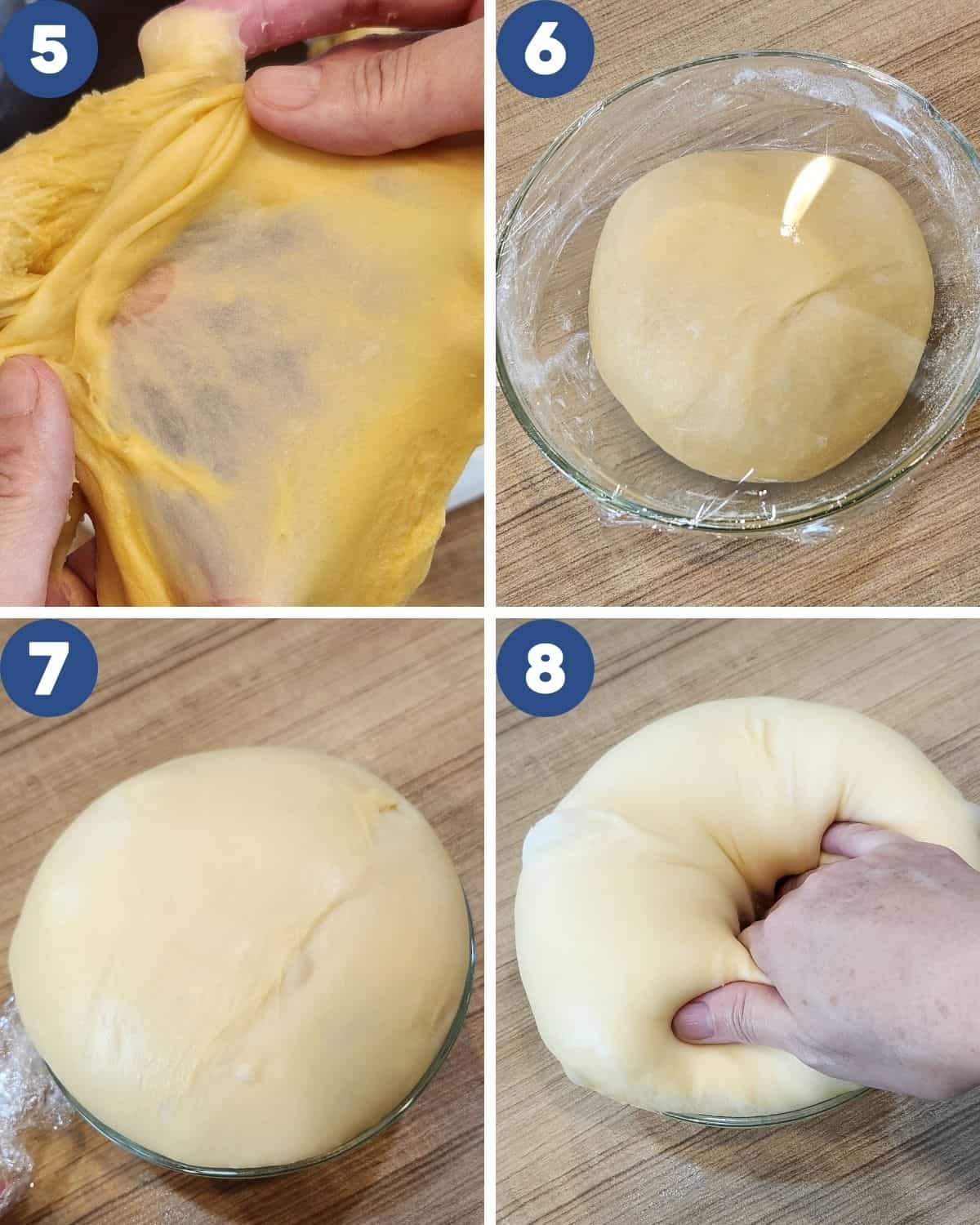 Step by step process photos of showing the window pane and fermenting the dough.