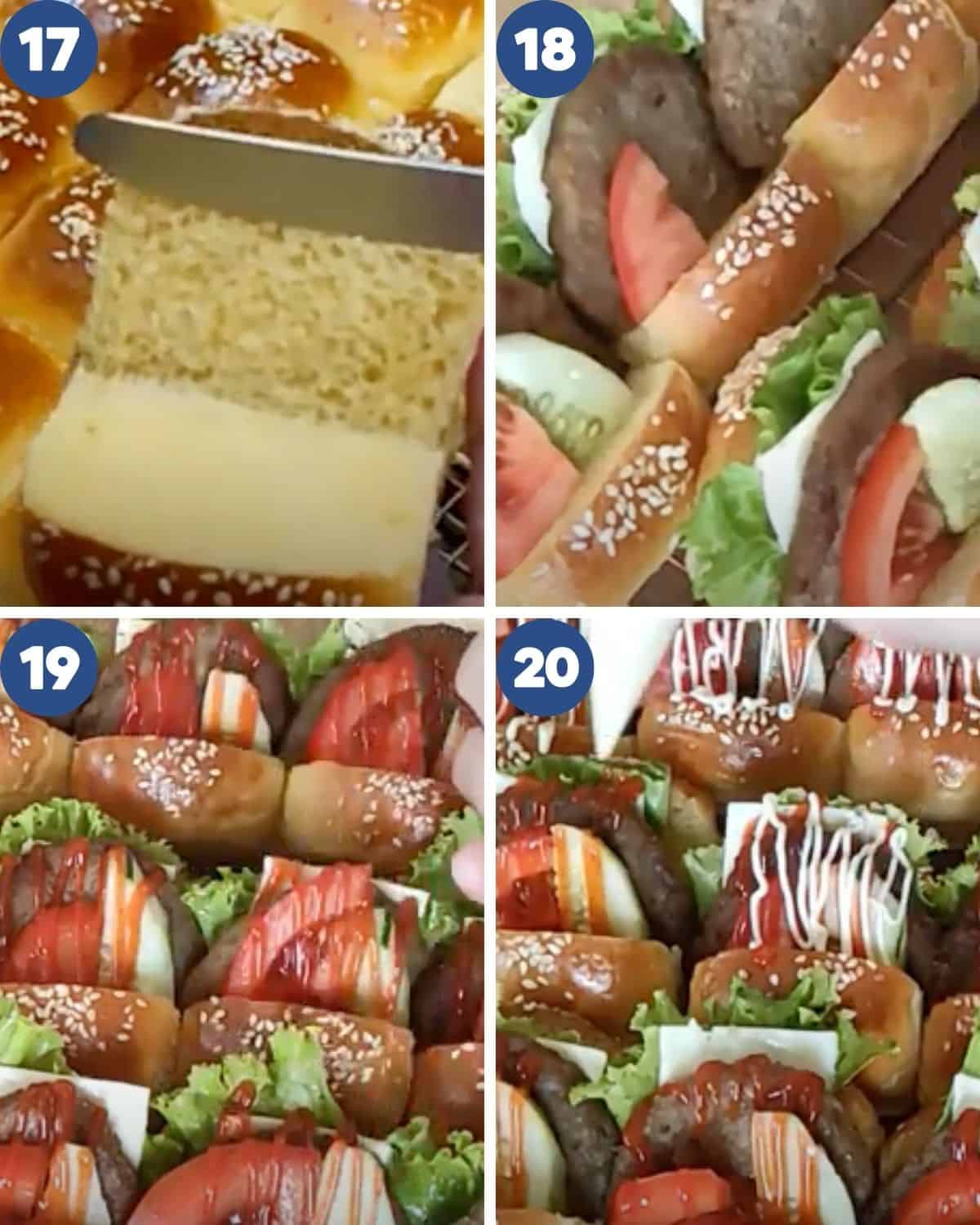 Step by step process photos of assembling the mini burger buns.
