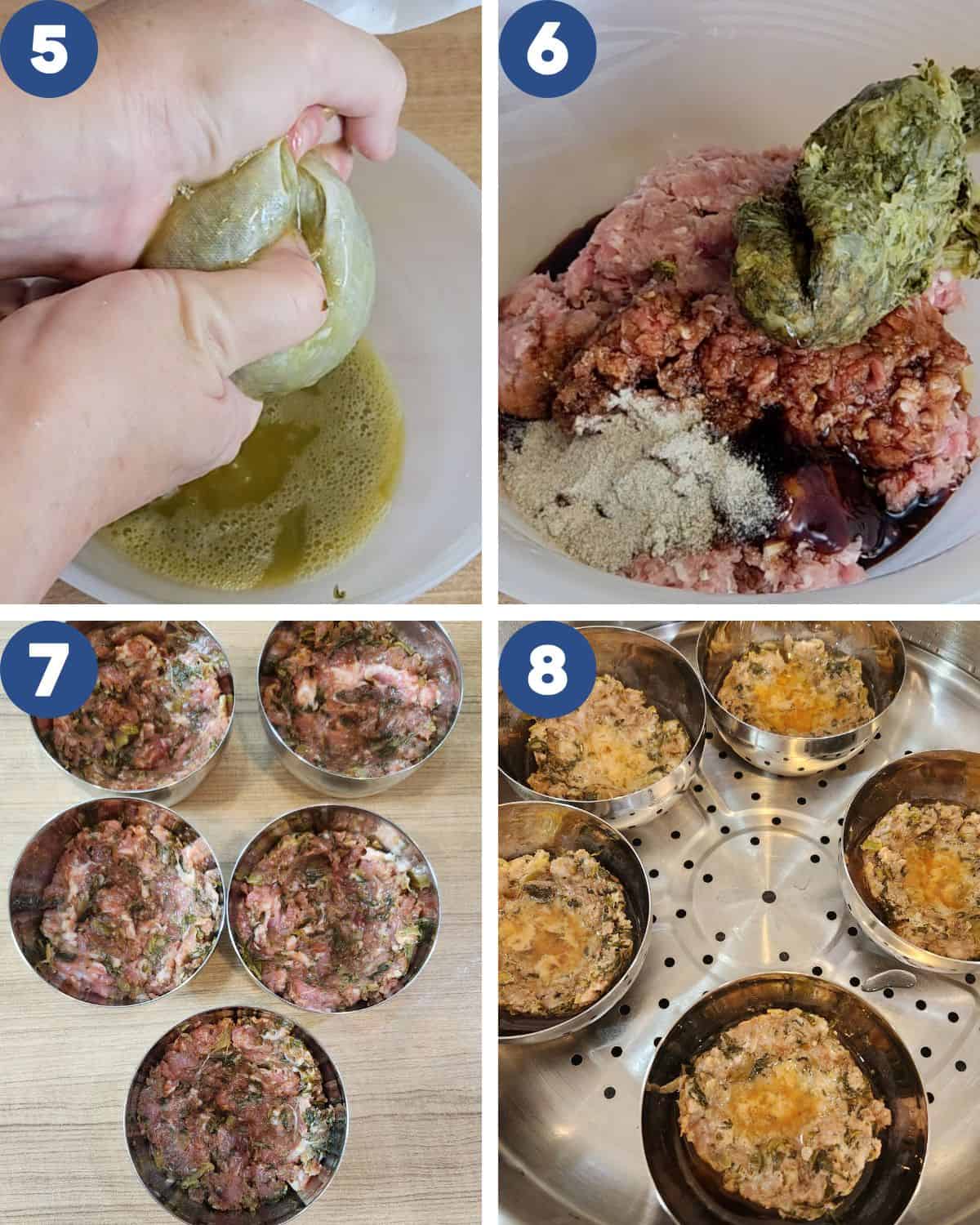Step by step process photos of mixing the pork patty for steaming.