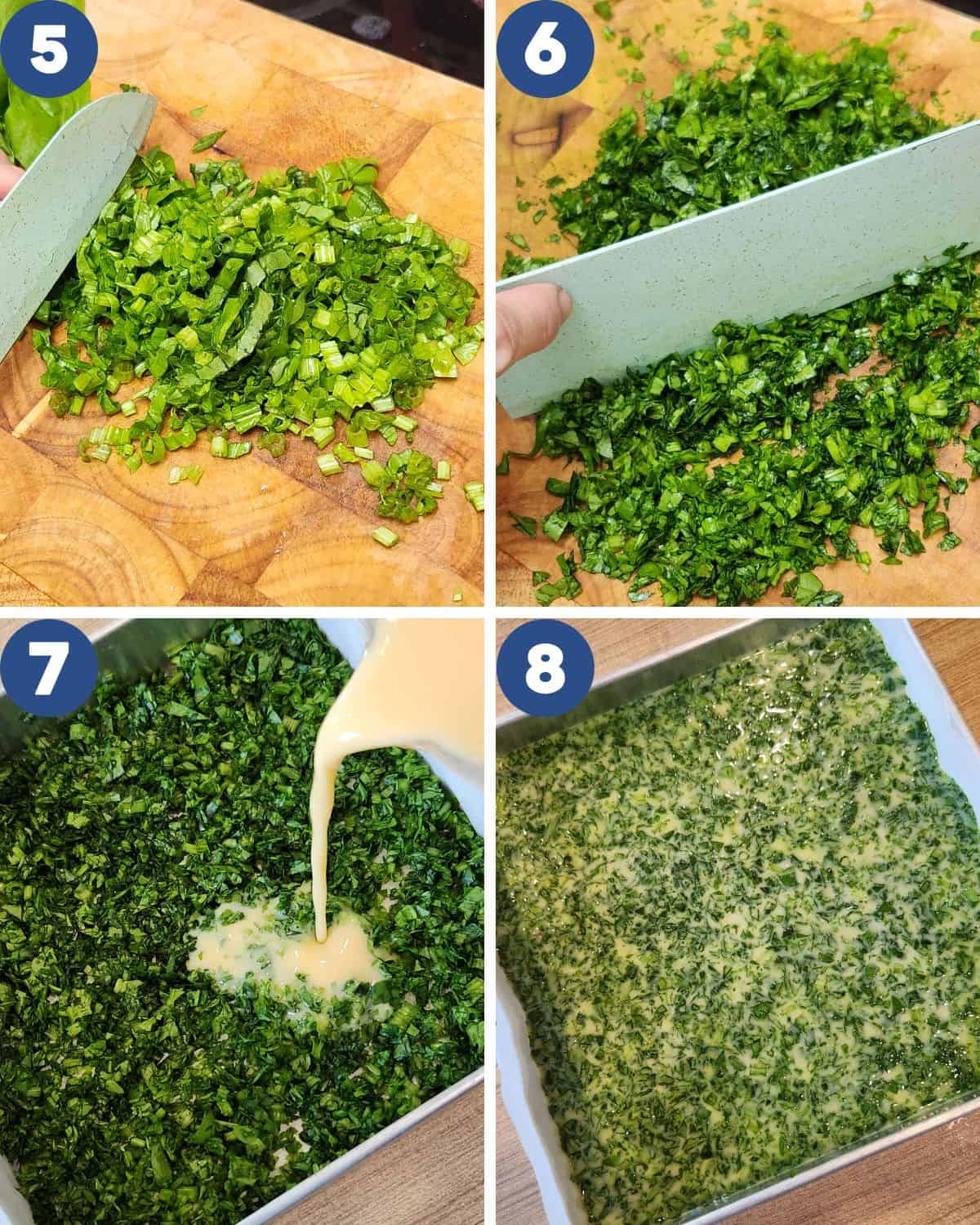 Step by step process photos of preparing the horenso to make tofu.