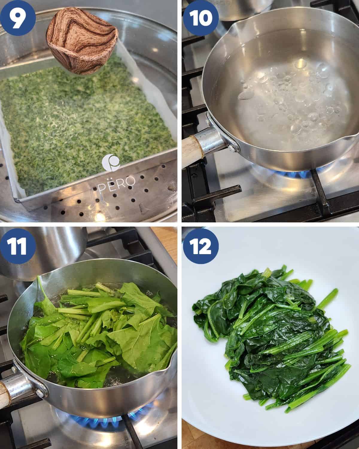 Step by step process photos of steaming the tofu and blanching the horenso.