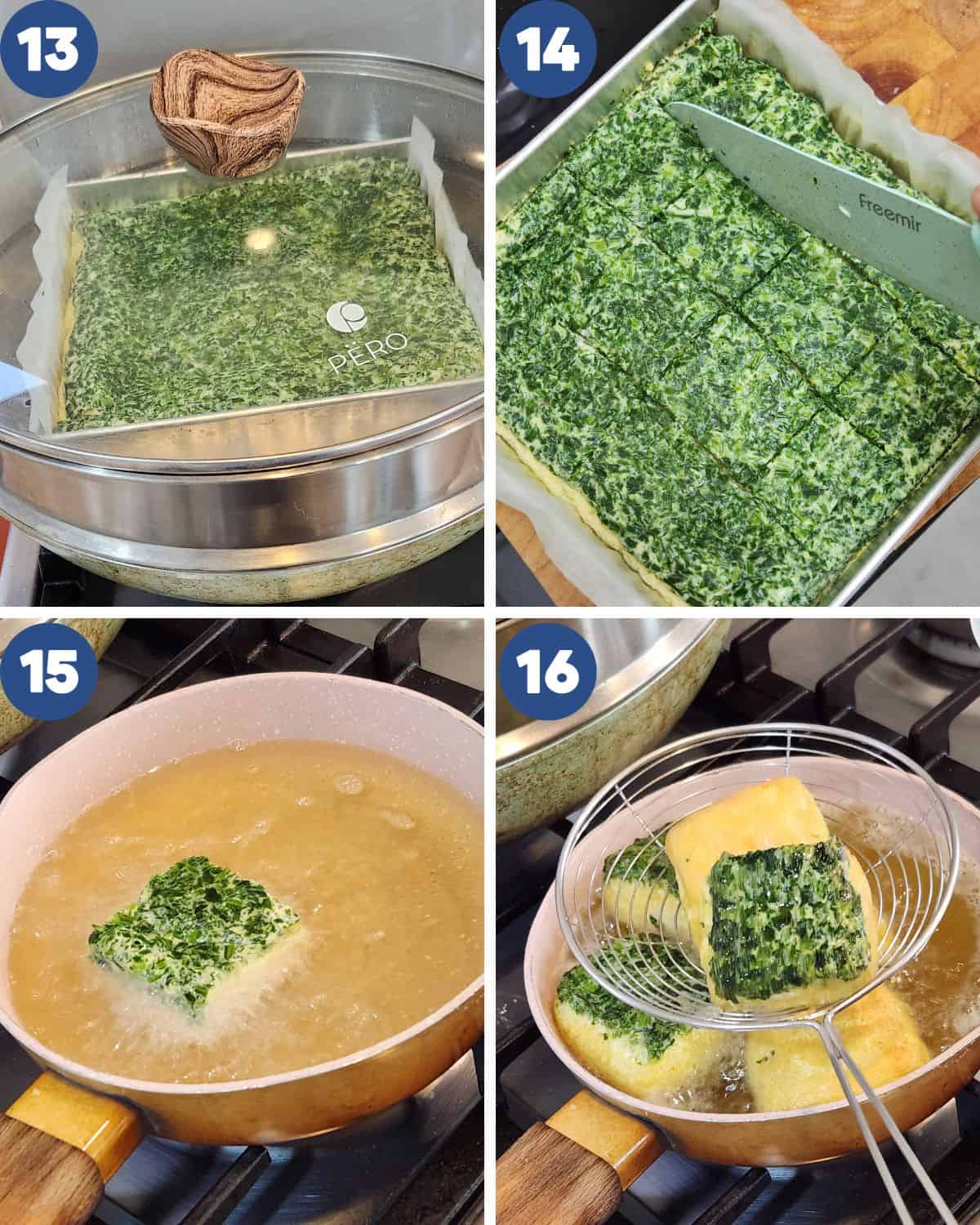 Step by step process photos of deep-frying the spinach tofu.