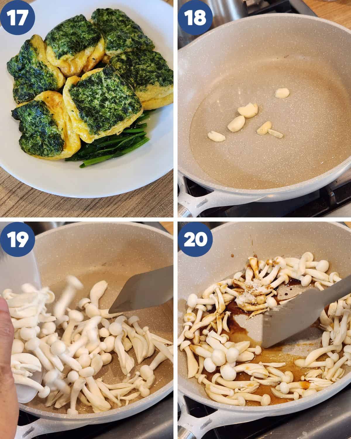 Step by step process photos of stir-frying the shimeji mushrooms.