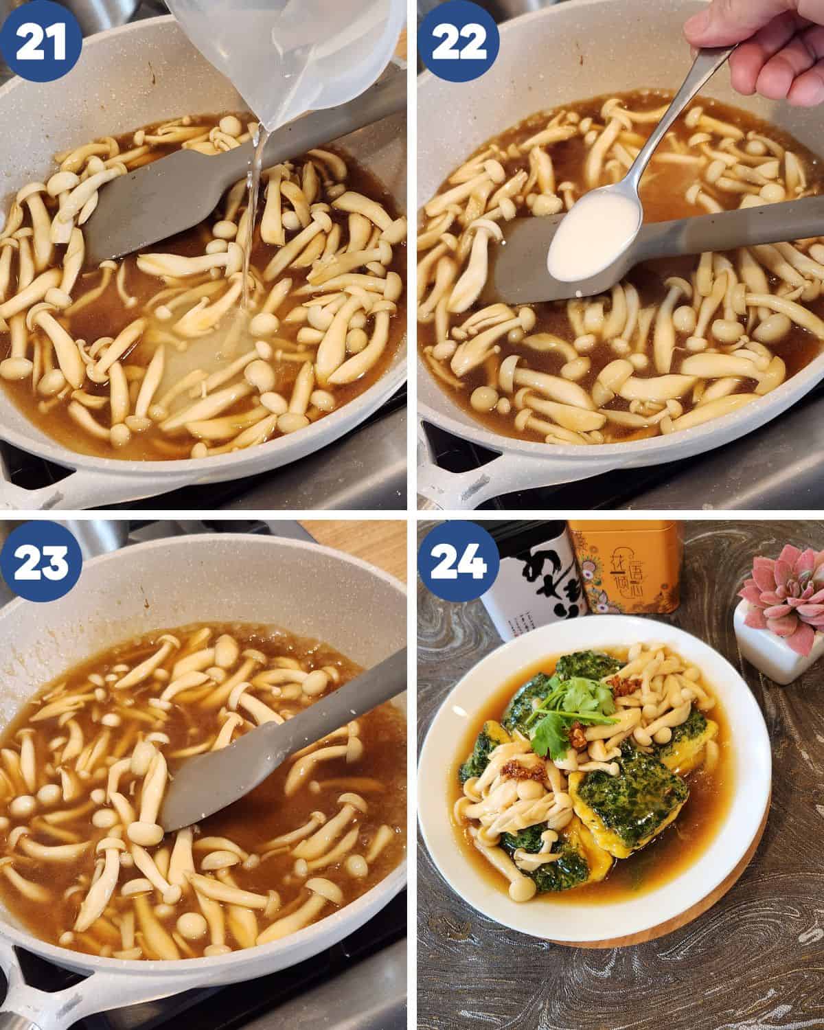 Step by step process photos of stir-frying the shimeji mushrooms.