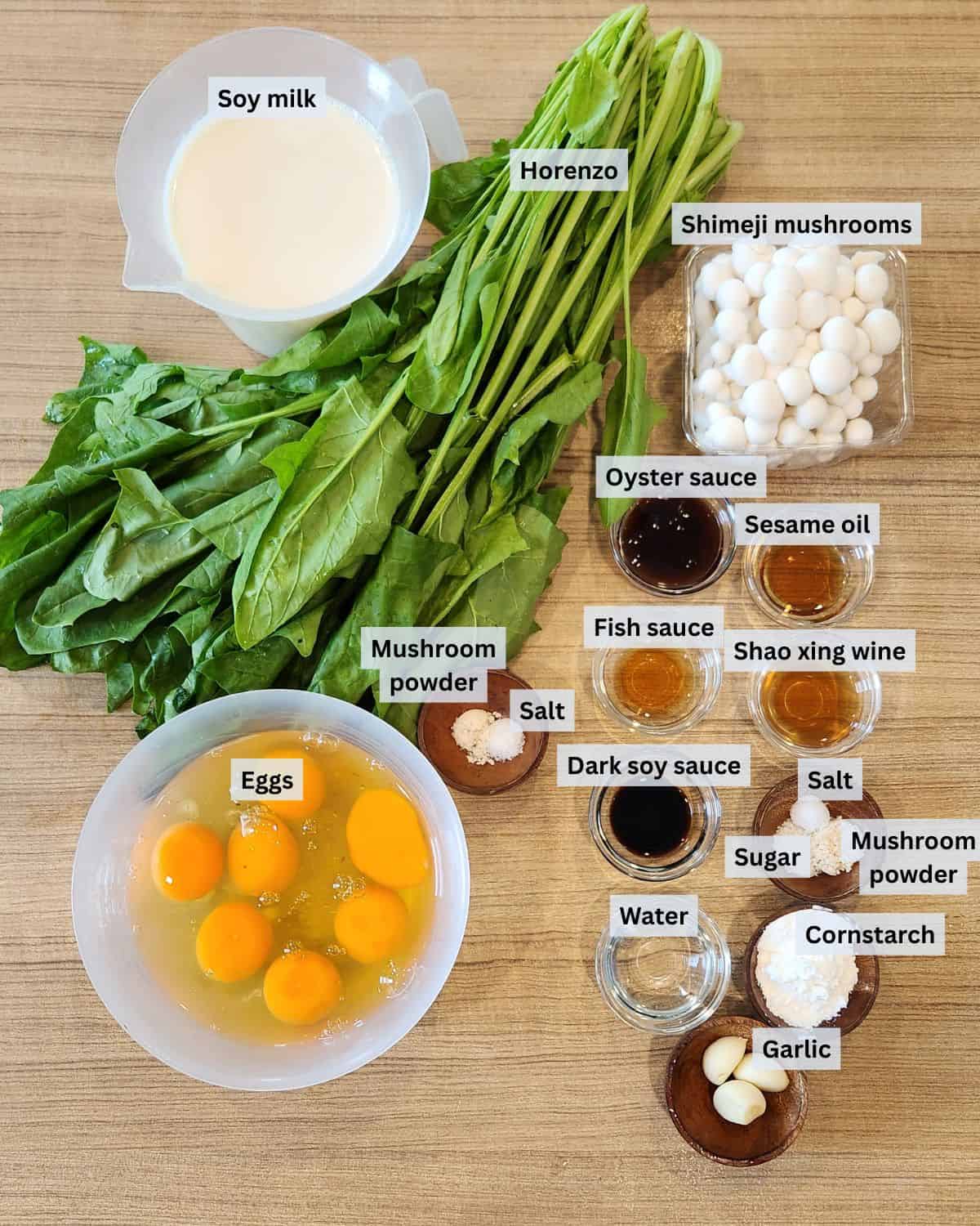Spinach tofu ingredients with labels.