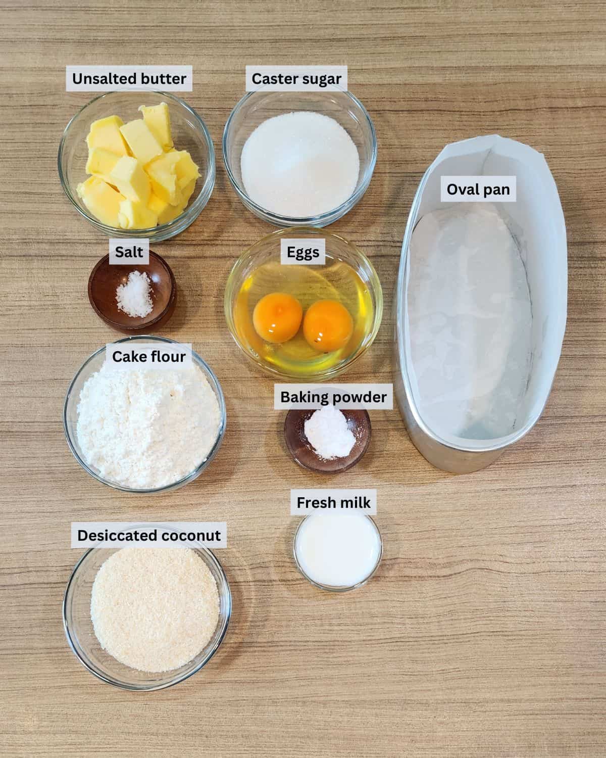 Coconut pound cake ingredients with labels.