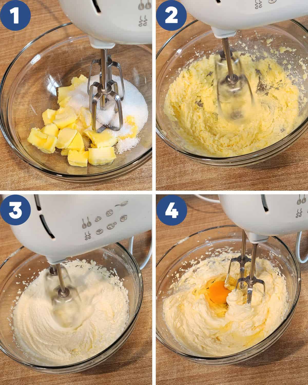Step by step process photos of mixing butter and sugar.