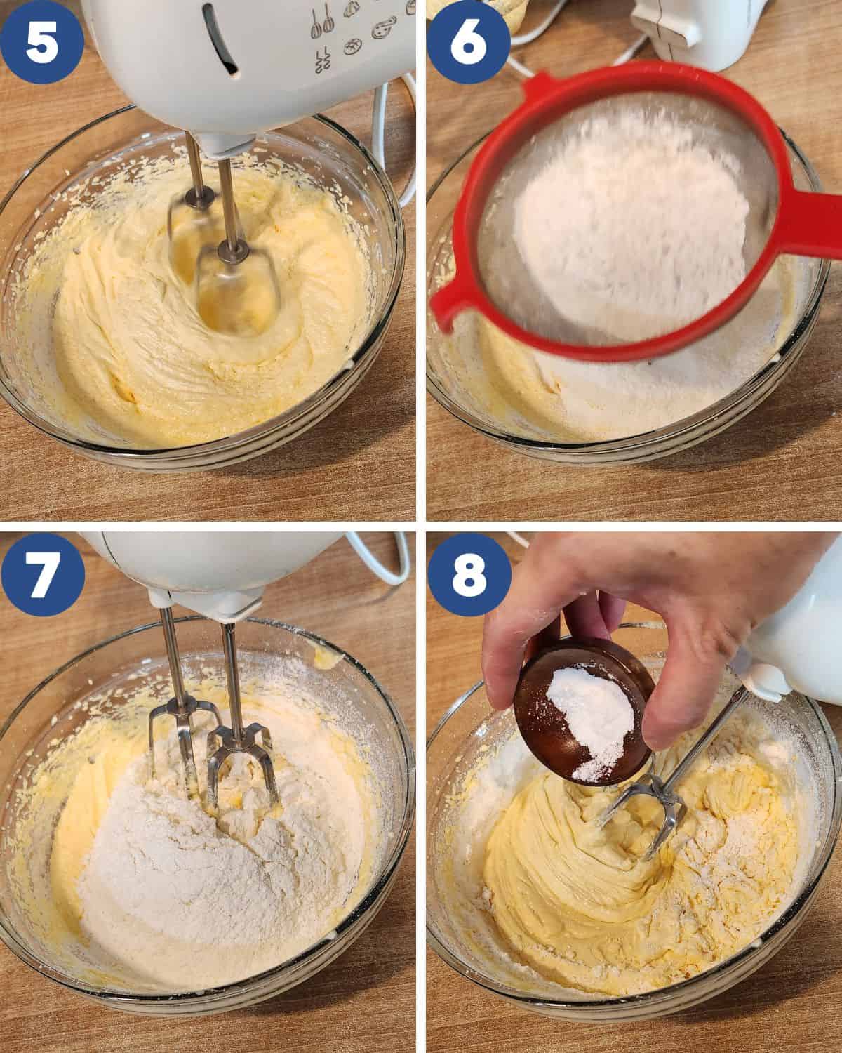 Step by step process of sifting dry ingredients to coconut pound cake batter.