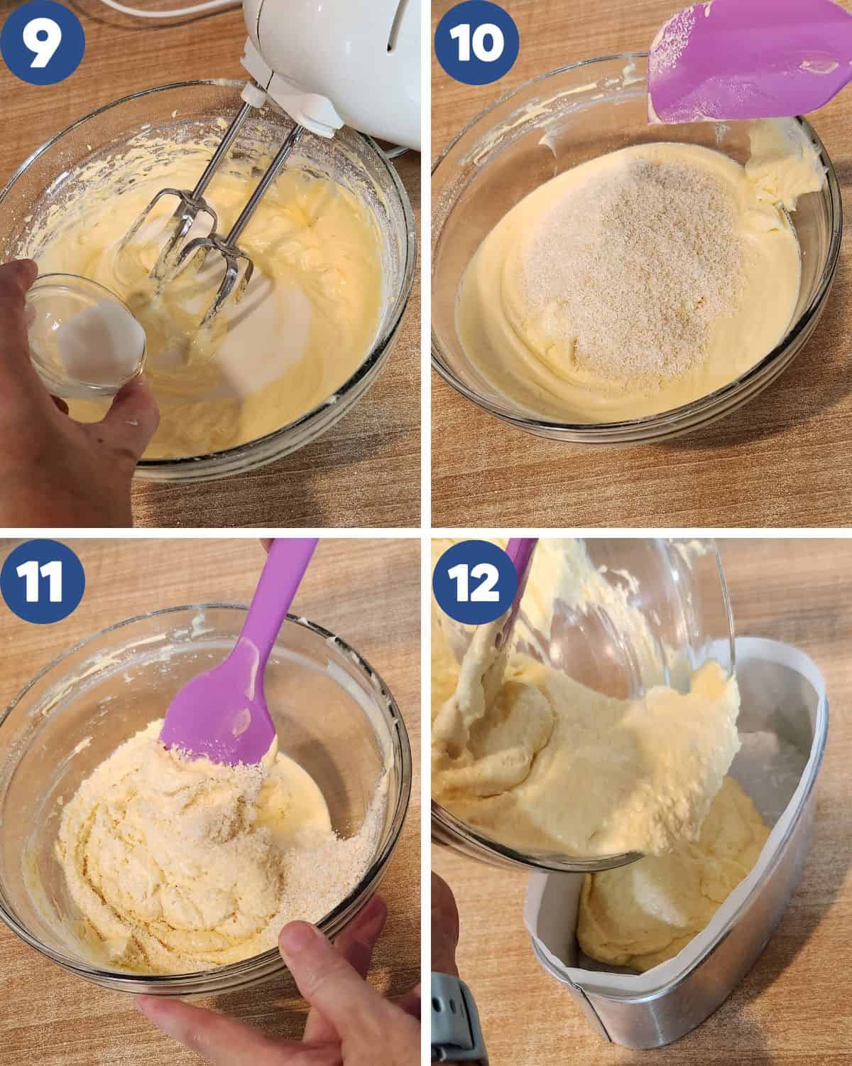 Step by step process photos of adding coconut into the batter.