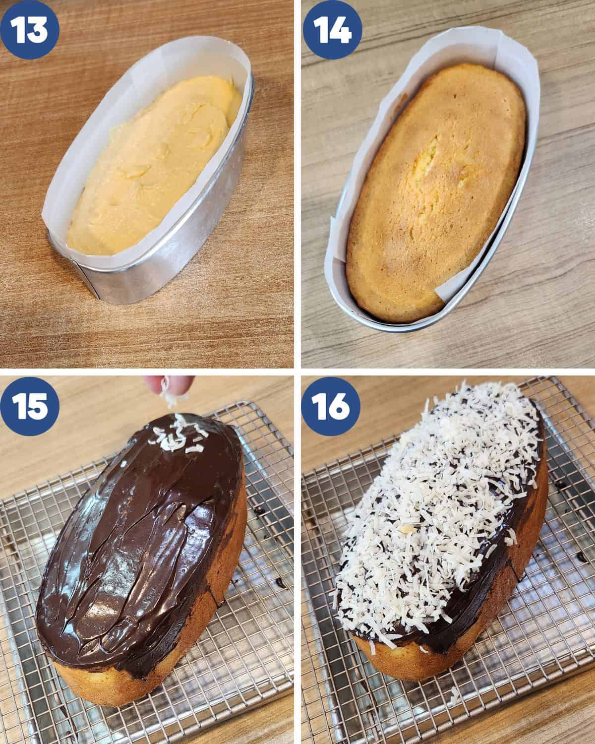 Step by step process photos of baking the cake and decorating with chocolate and coconut.