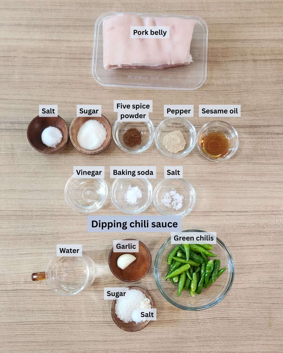 Crispy pork belly ingredients with labels.