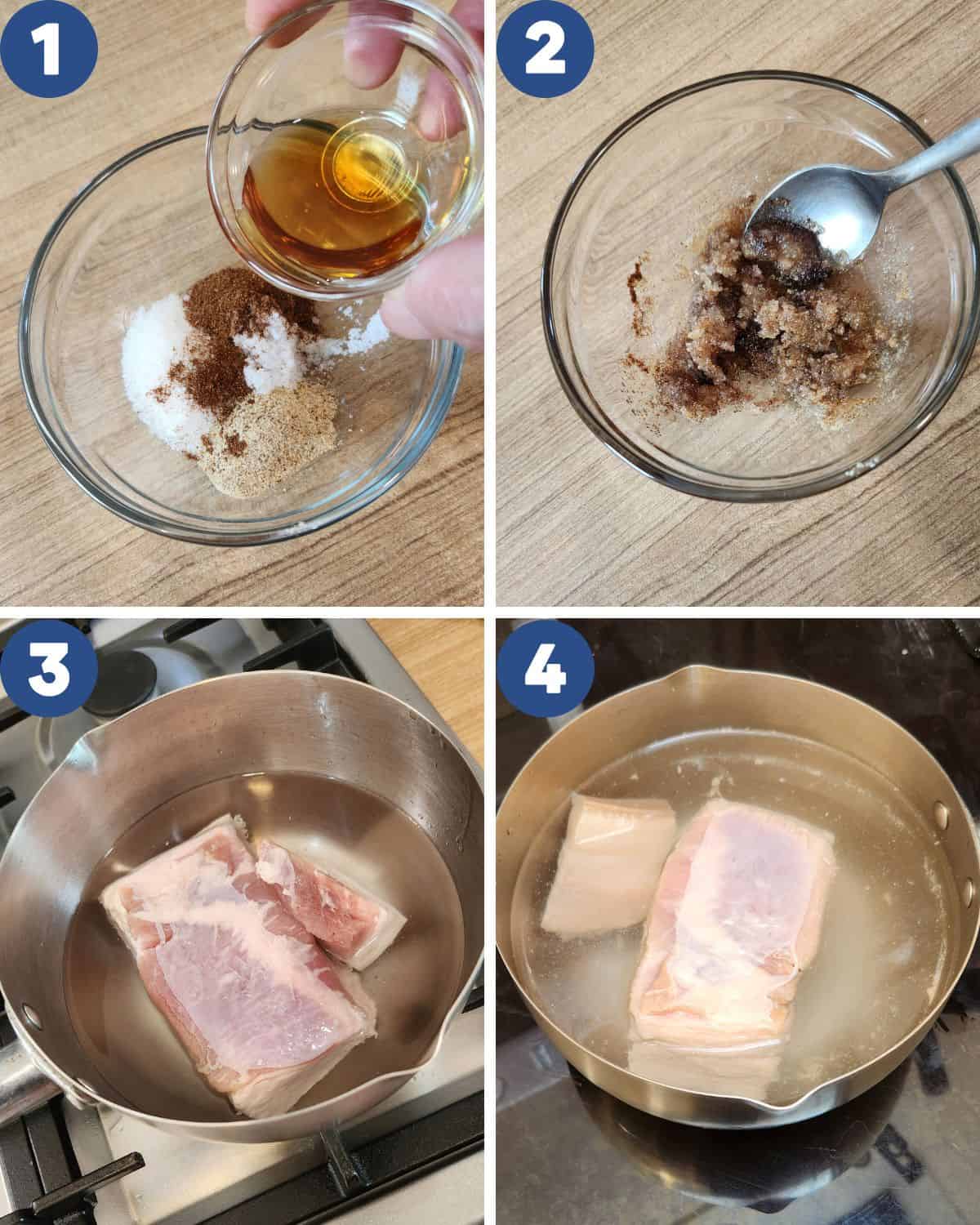 Step by step process photos of preparing the pork belly and the marinate paste.