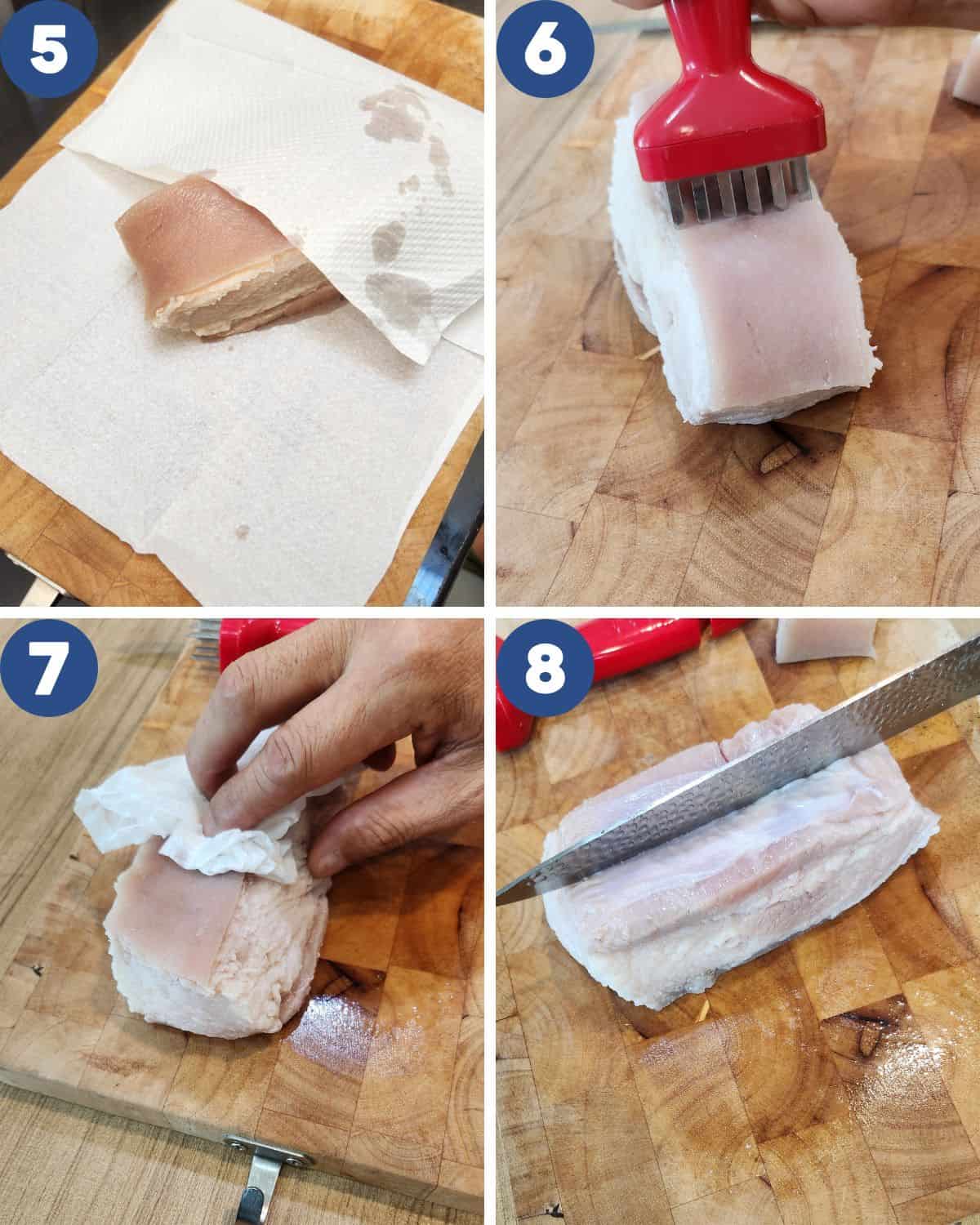 Step by step photos of how to clean the pork belly before marinating.