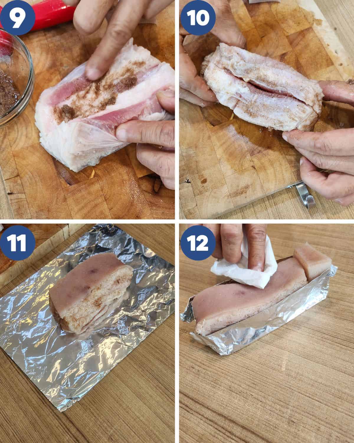 Step by step photos of marinating the pork belly and wrapping it with aluminum foil.