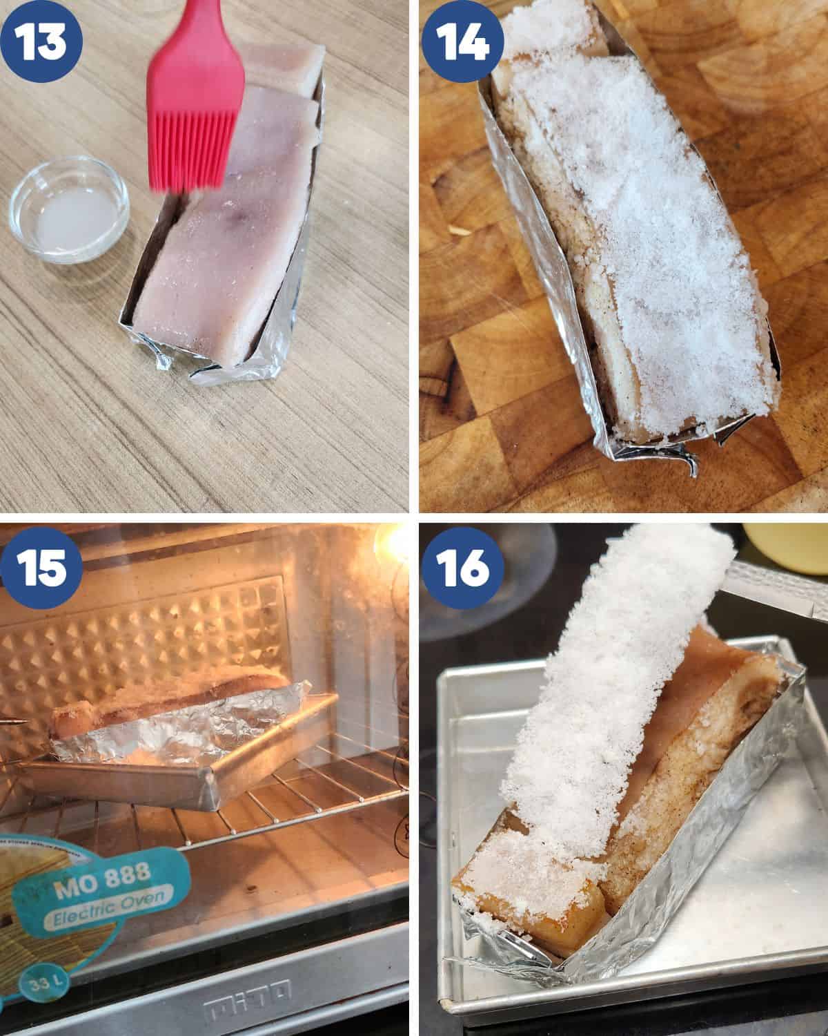 Step by step photos of drawing moisture from pork belly skin.