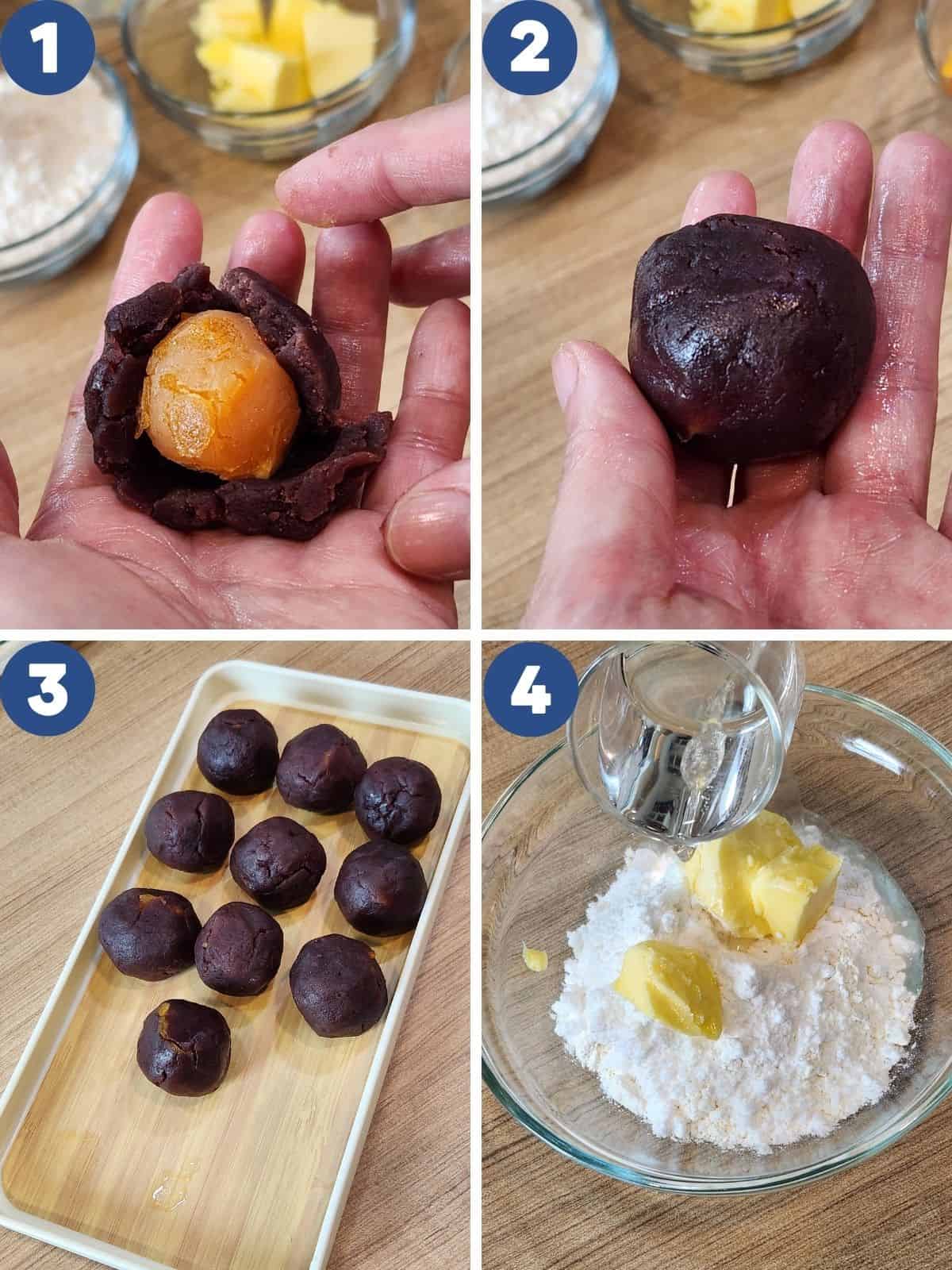 Step by step photos of preparing the red bean and salted egg yolk filling.