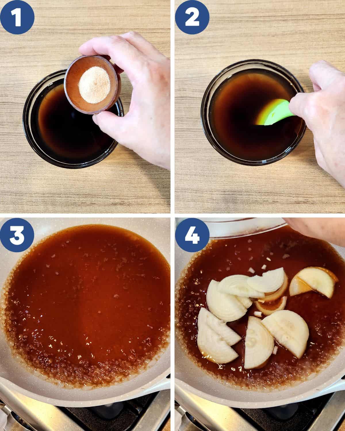 Step by step process photos of preparing the sauce for Japanese beef rice bowl.
