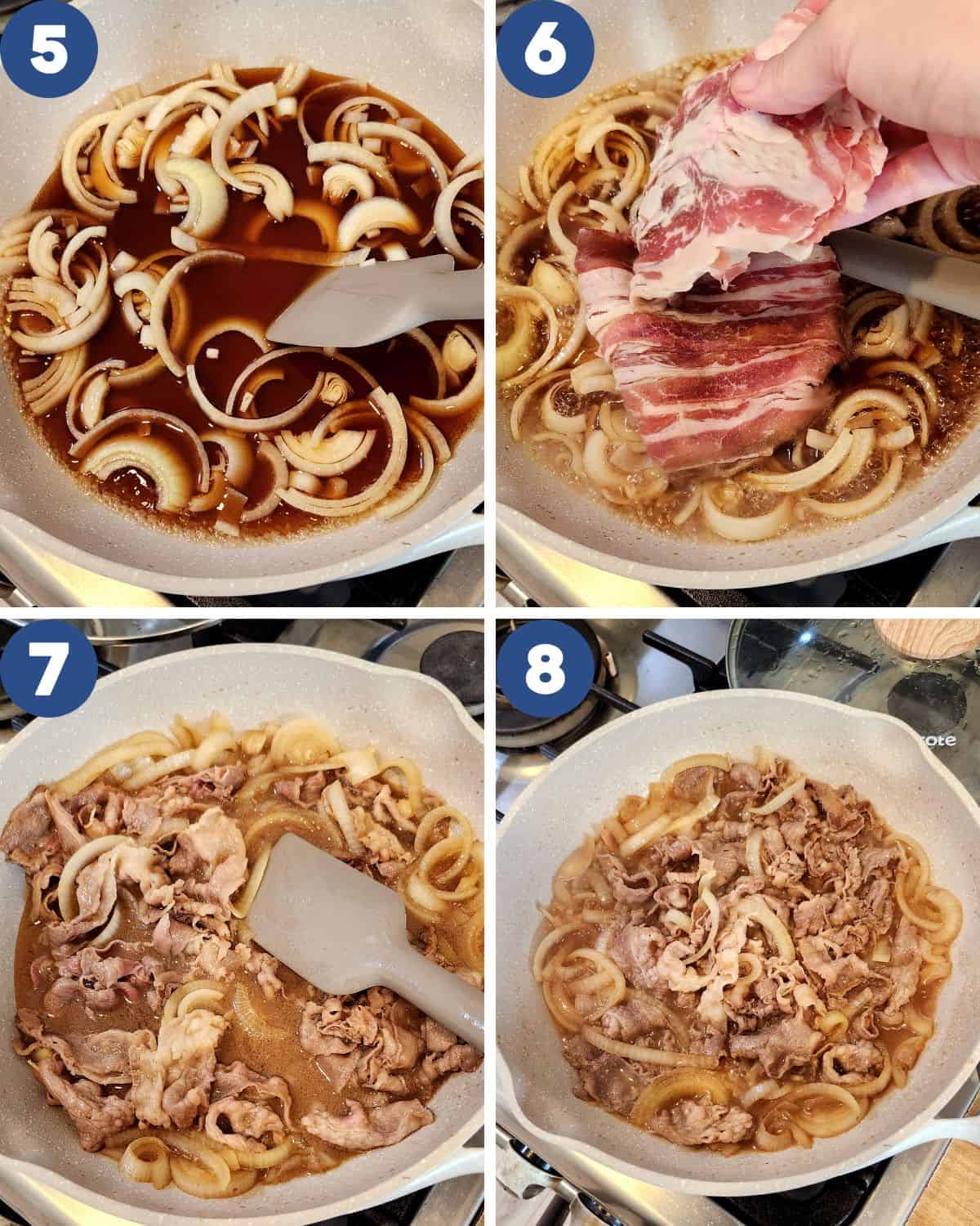 Step by step process photos of cooking the beef for Japanese beef rice bowl Gyudon.
