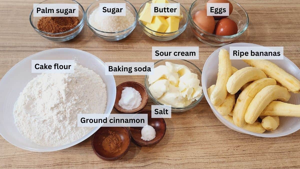 Copycat starbucks banana bread ingredients with labels.