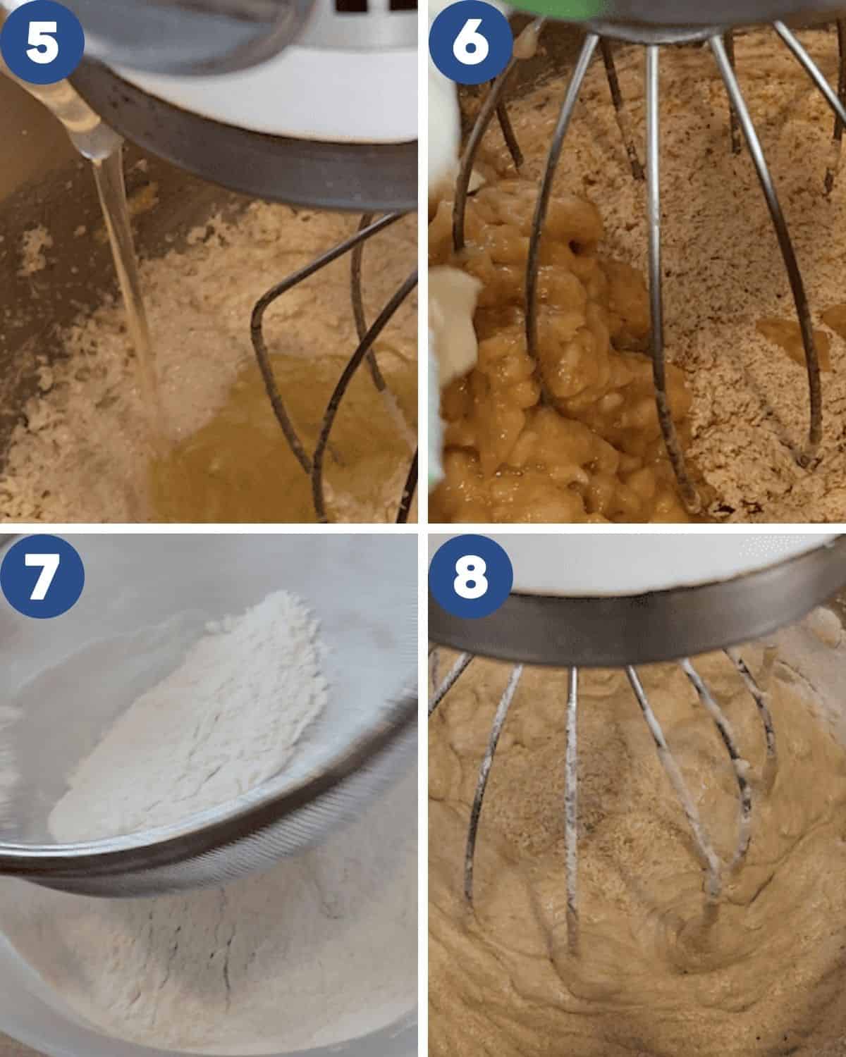 Step by step process photos of adding eggs and dry ingredients.