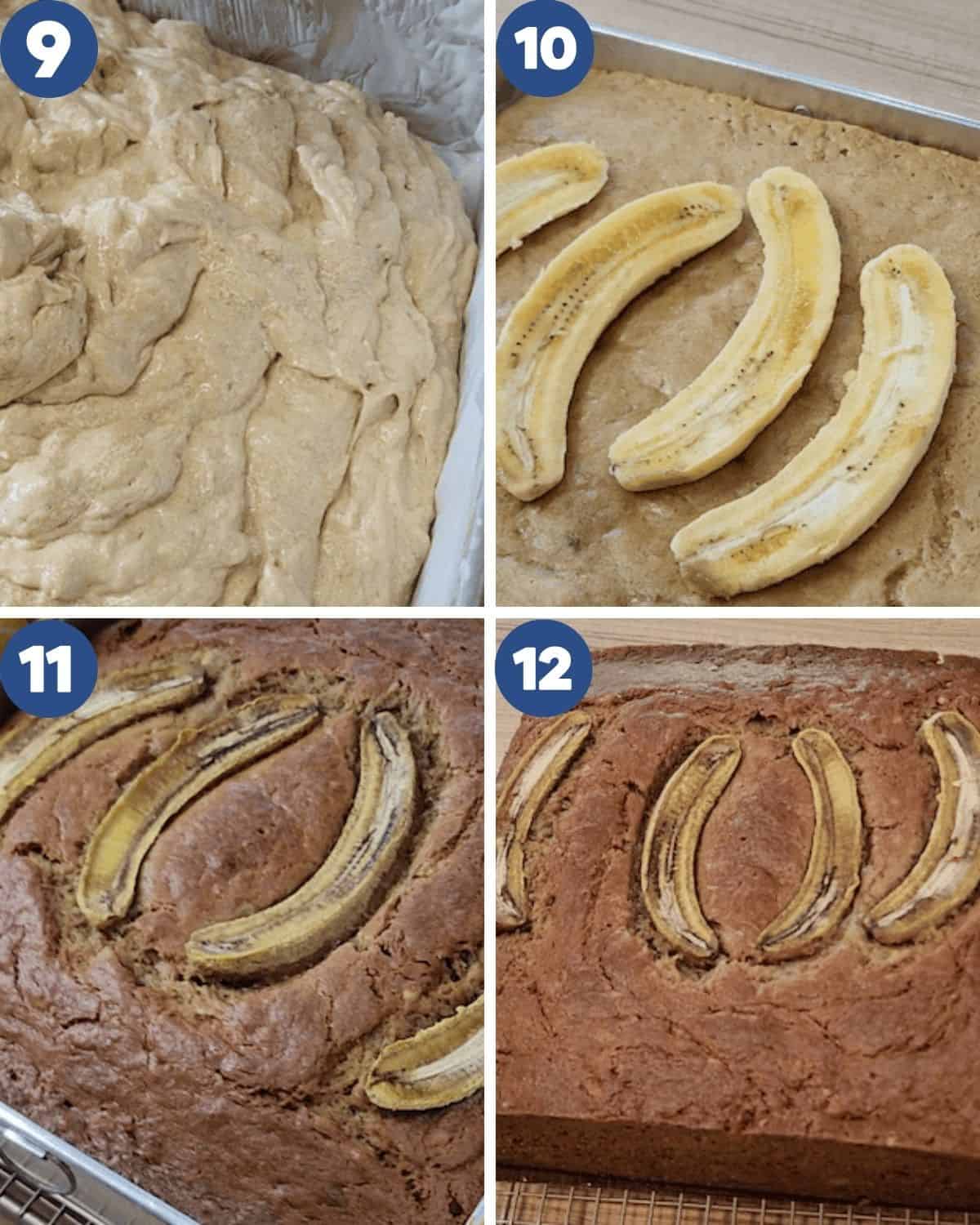 Step by step process photos of pouring the batter into a pan and baking it.