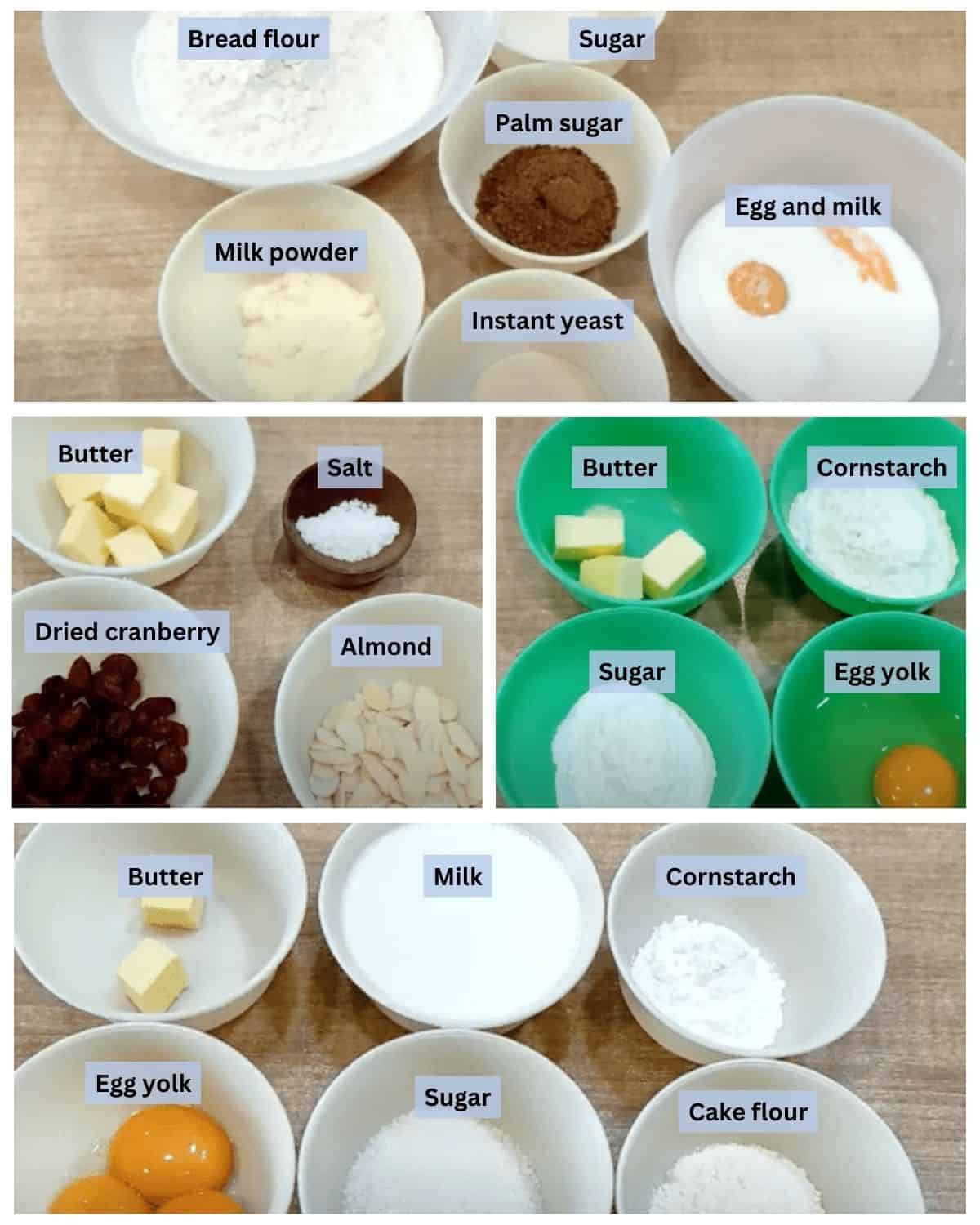 Hot cross buns ingredients with labels.