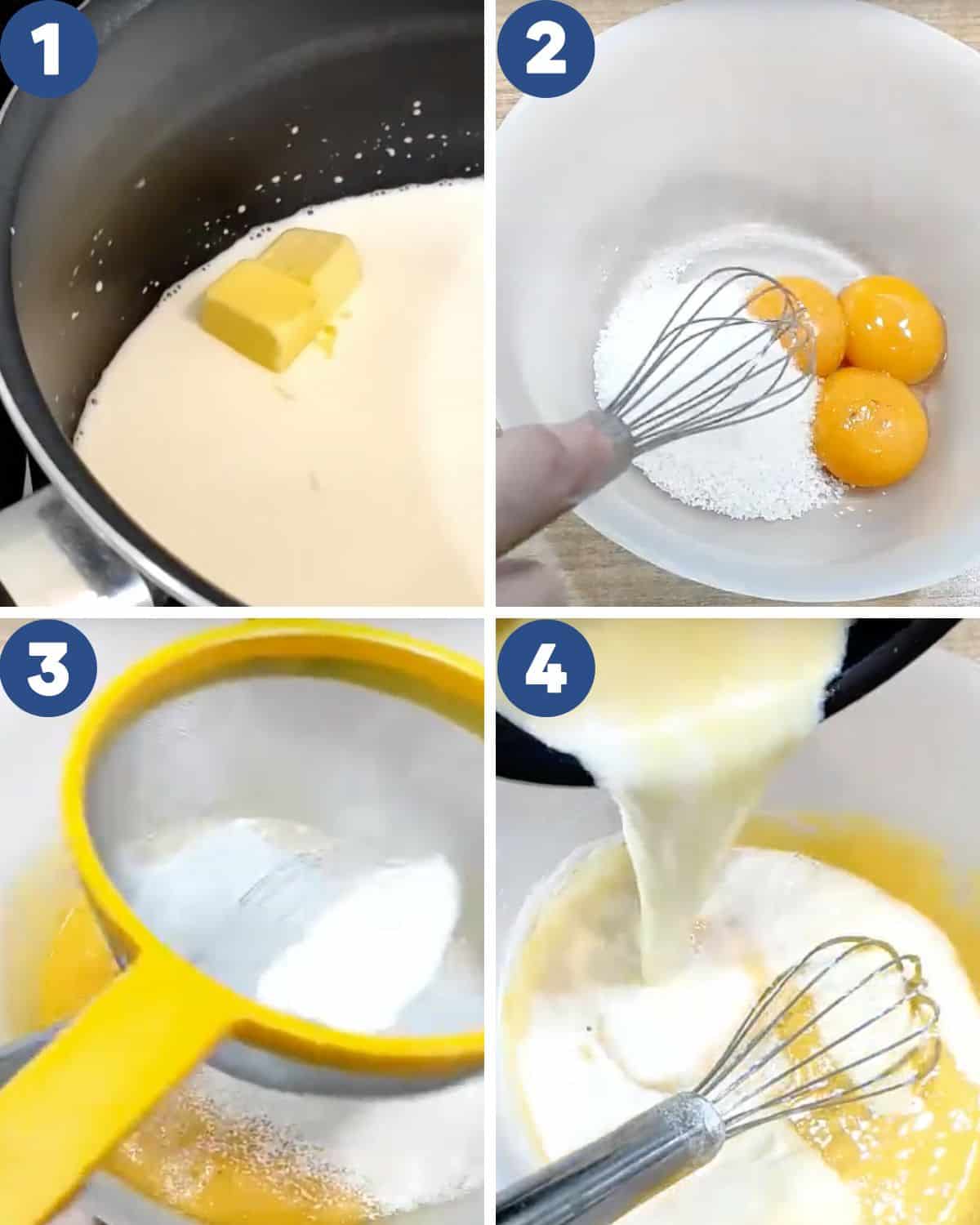 Process photos of preparing the custard filling for hot cross buns.