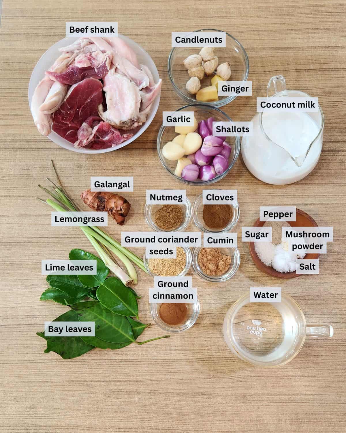 Soto betawi ingredients with labels.