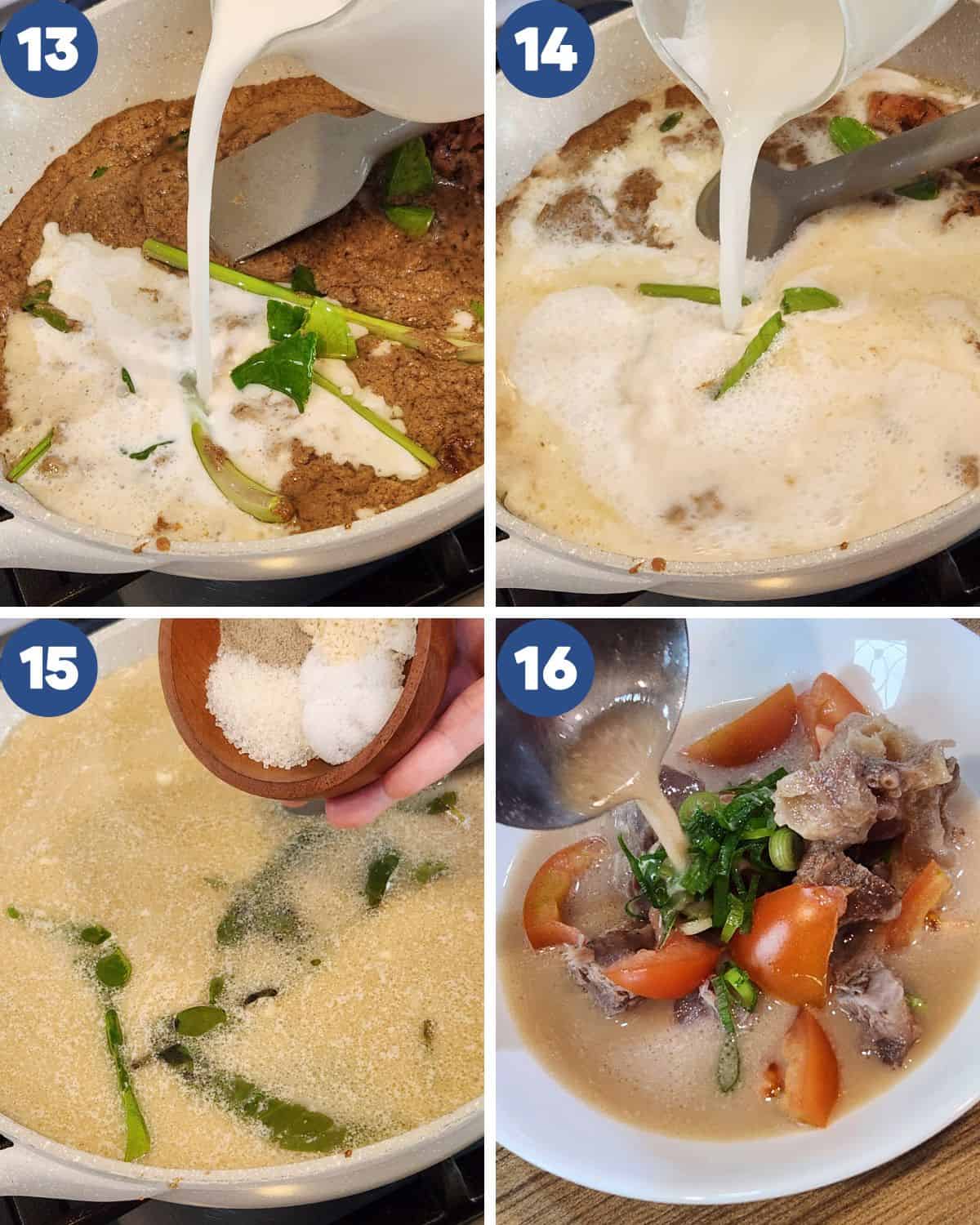Step by step process photos of cooking the soup and preparing the soto betawi.