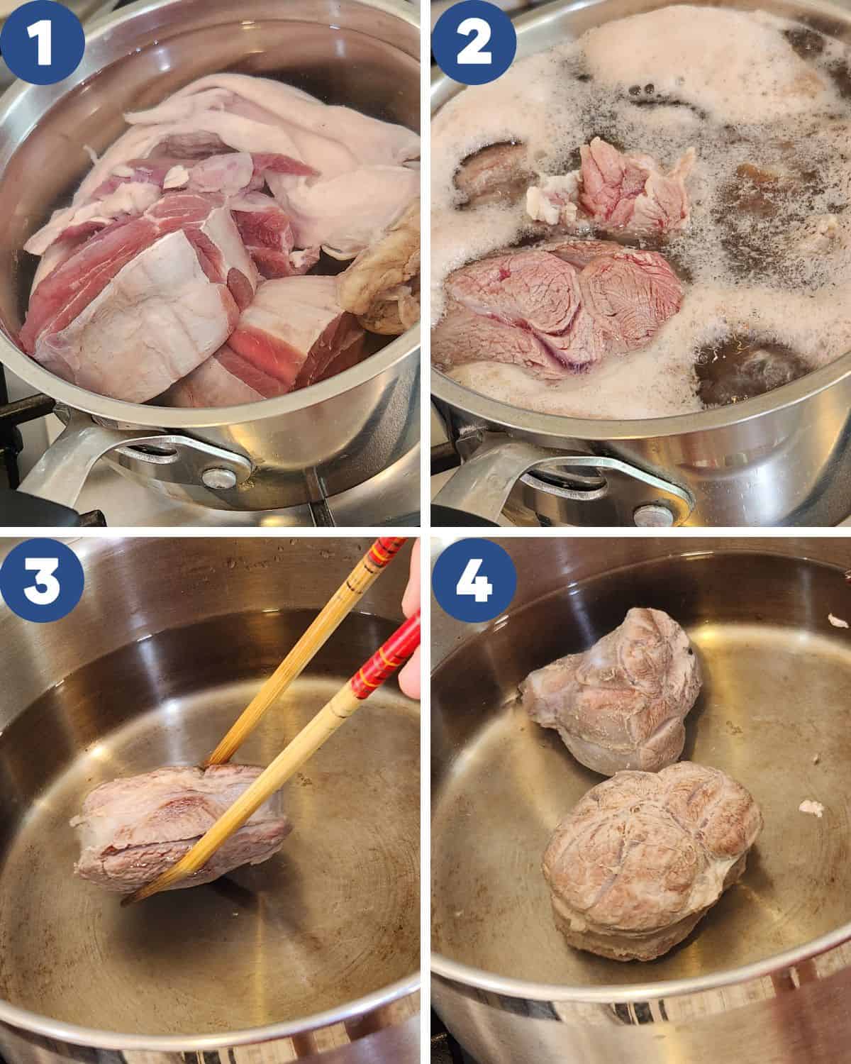 Step by step process photos of boiling the beef shank for soto betawi.