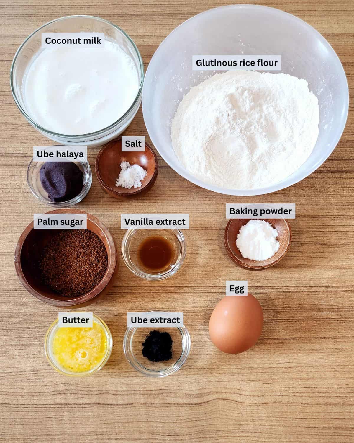 Ube mochi pancake ingredients with labels.