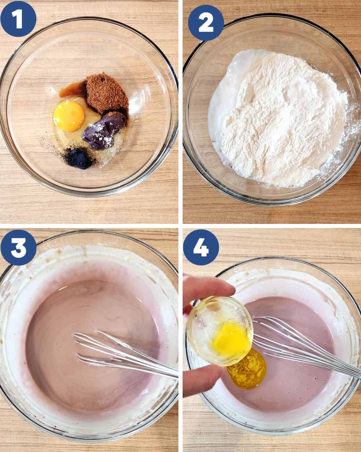 Step by step process photos of mixing the ingredients for ube mochi pancake batter.