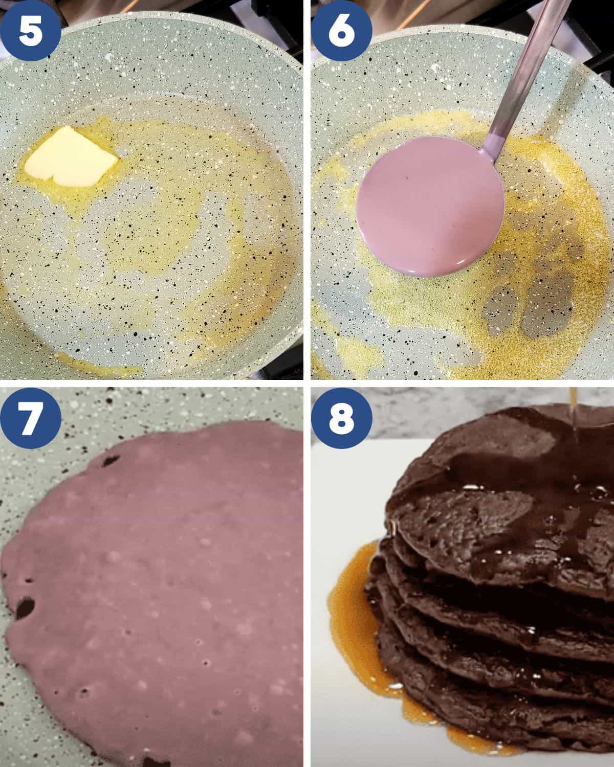 Step by step process photos of pan-frying the pancake.