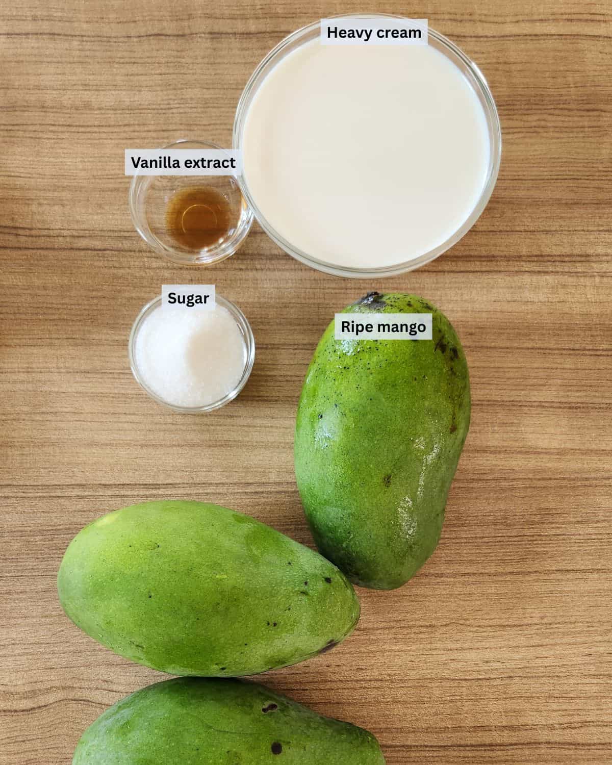 Mango pancakes filling ingredients with labels.
