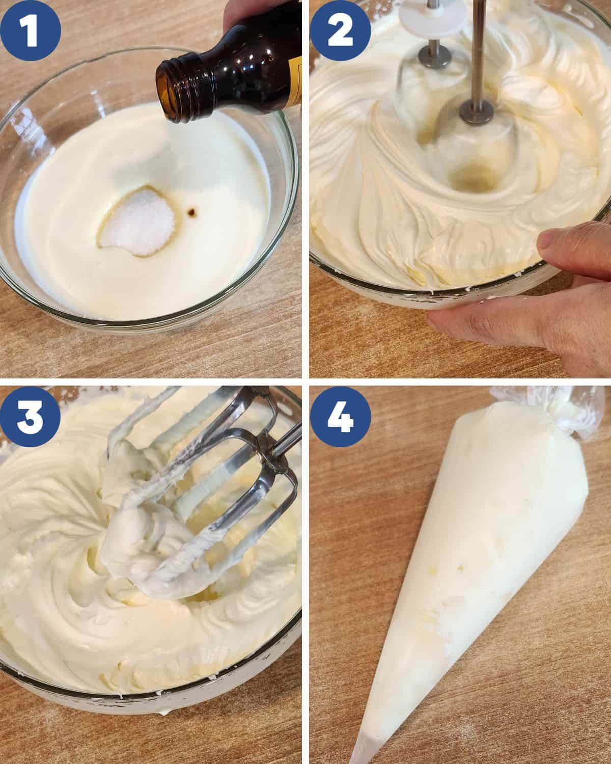 Step by step process of whipping the heavy cream.