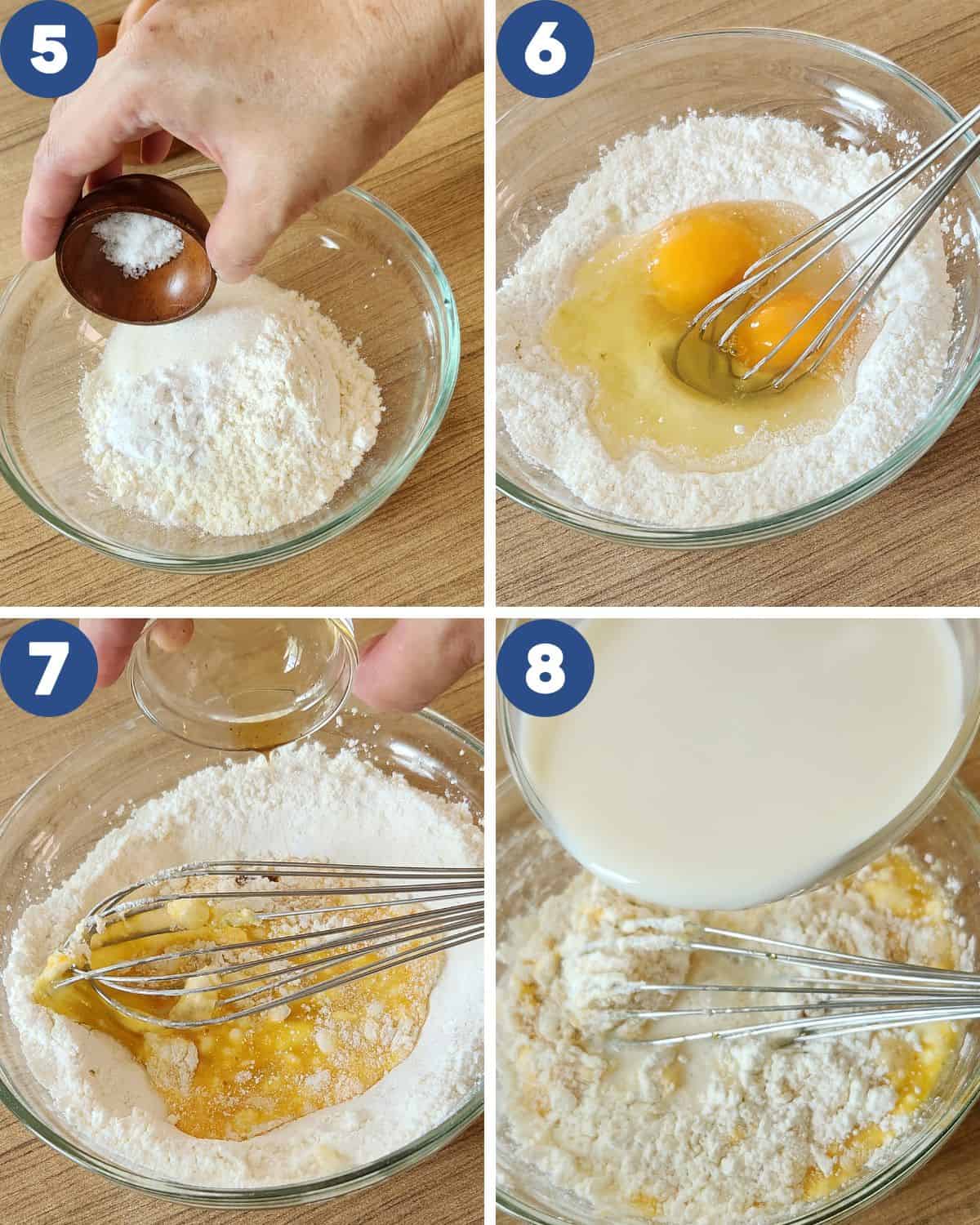 Step by step photos of mixing the crepe mixture.
