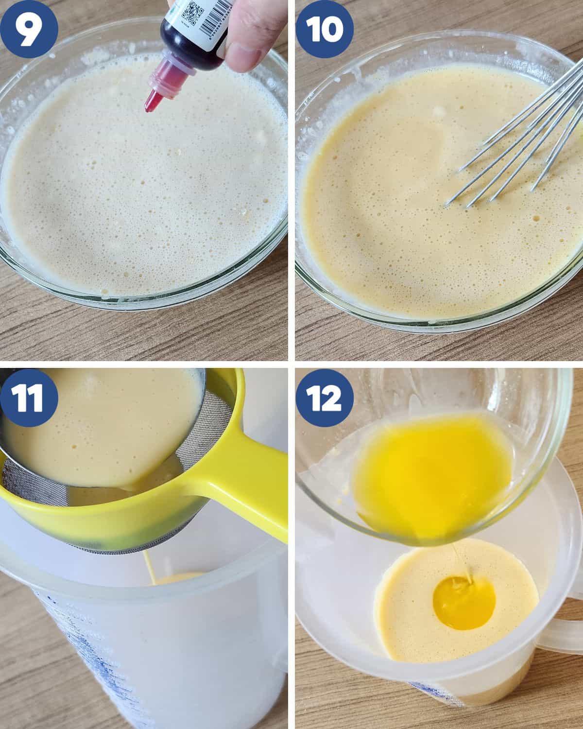 Step by step photos of mixing the crepe mixture.