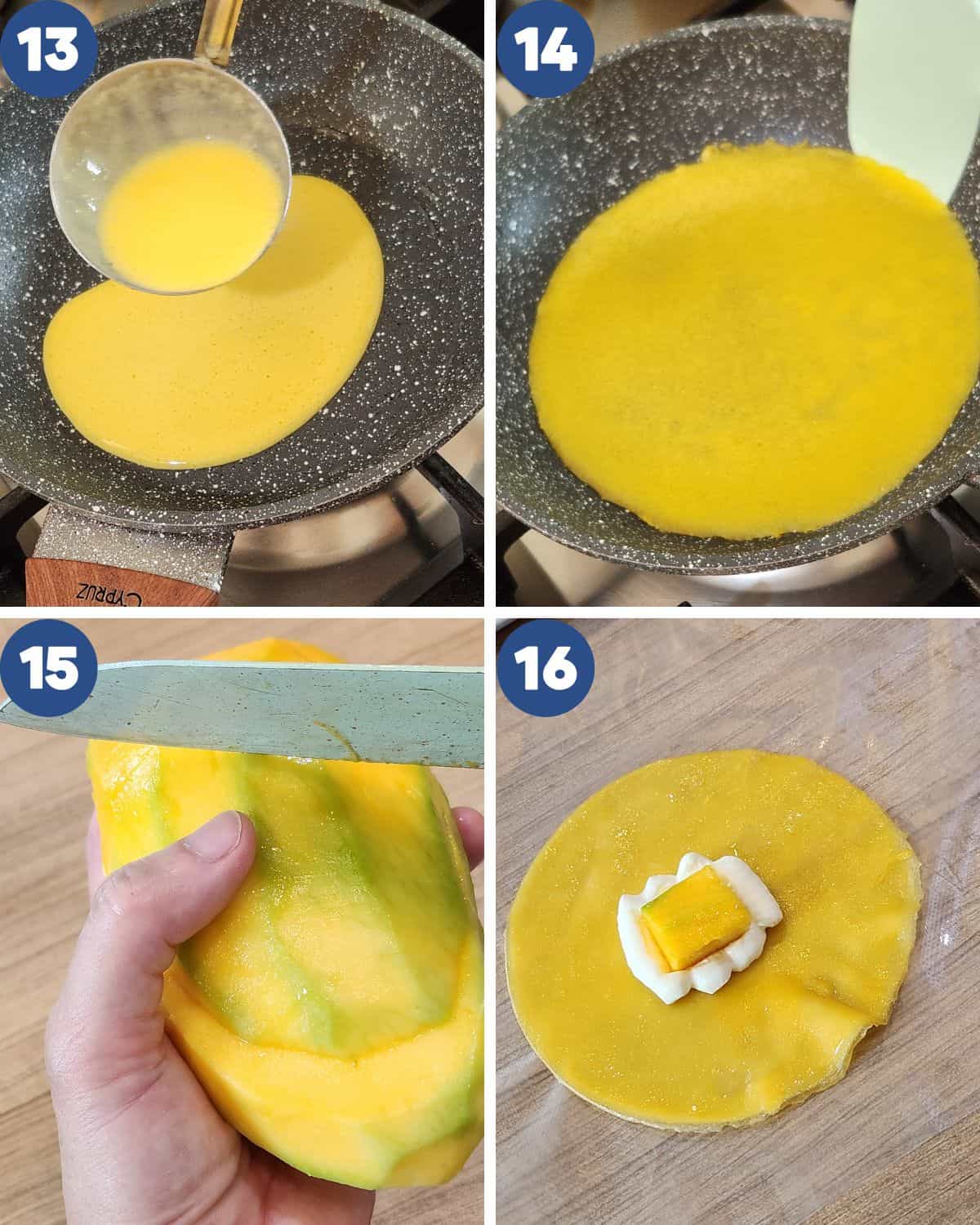 Step by step photos of making the crepes and wrapping them.