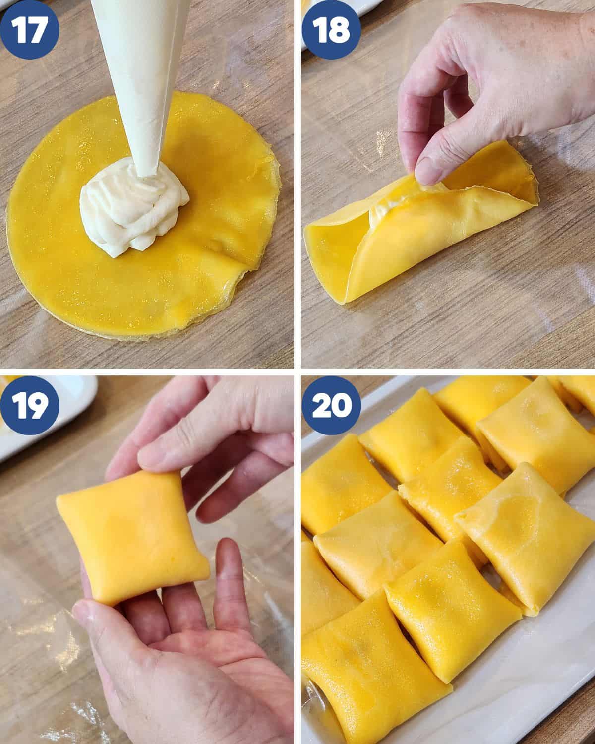 Step by step photos of wrapping the mango pancakes.