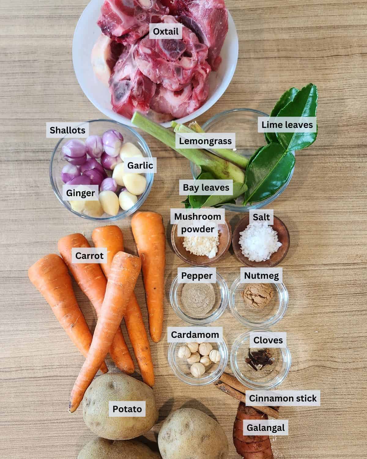 Oxtail soup ingredients with labels.