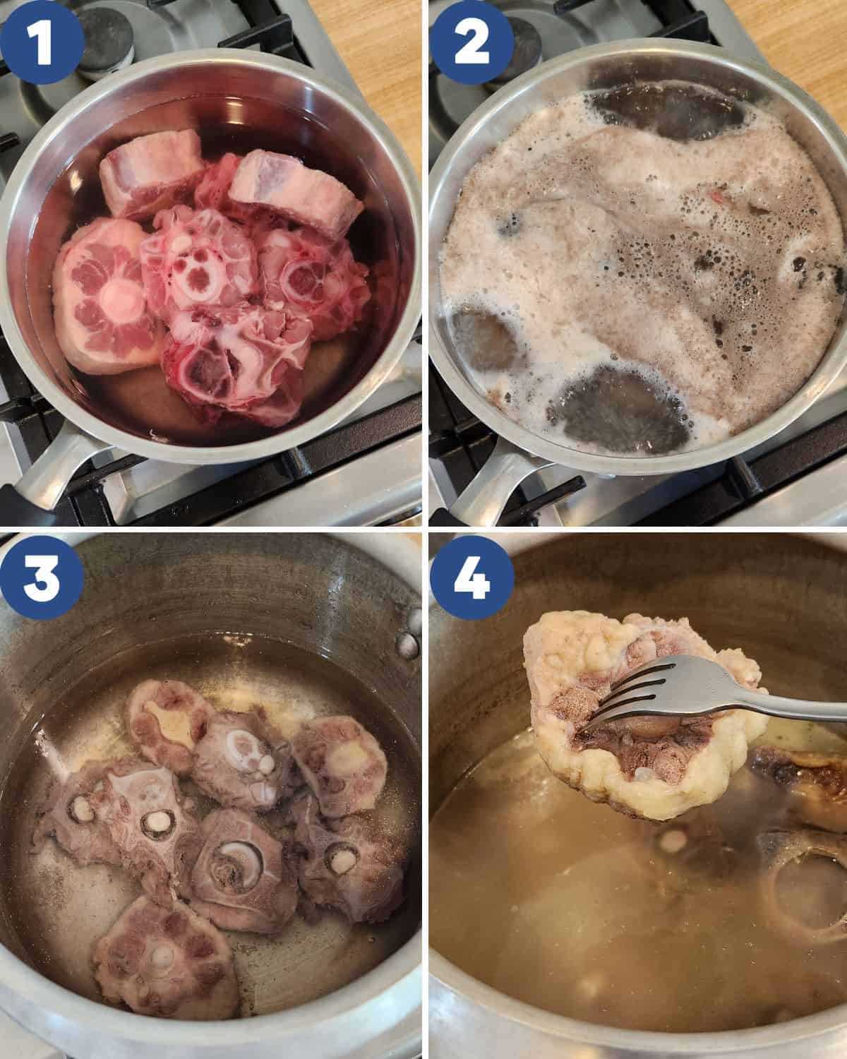 Step by step process photos of making the oxtail tender.
