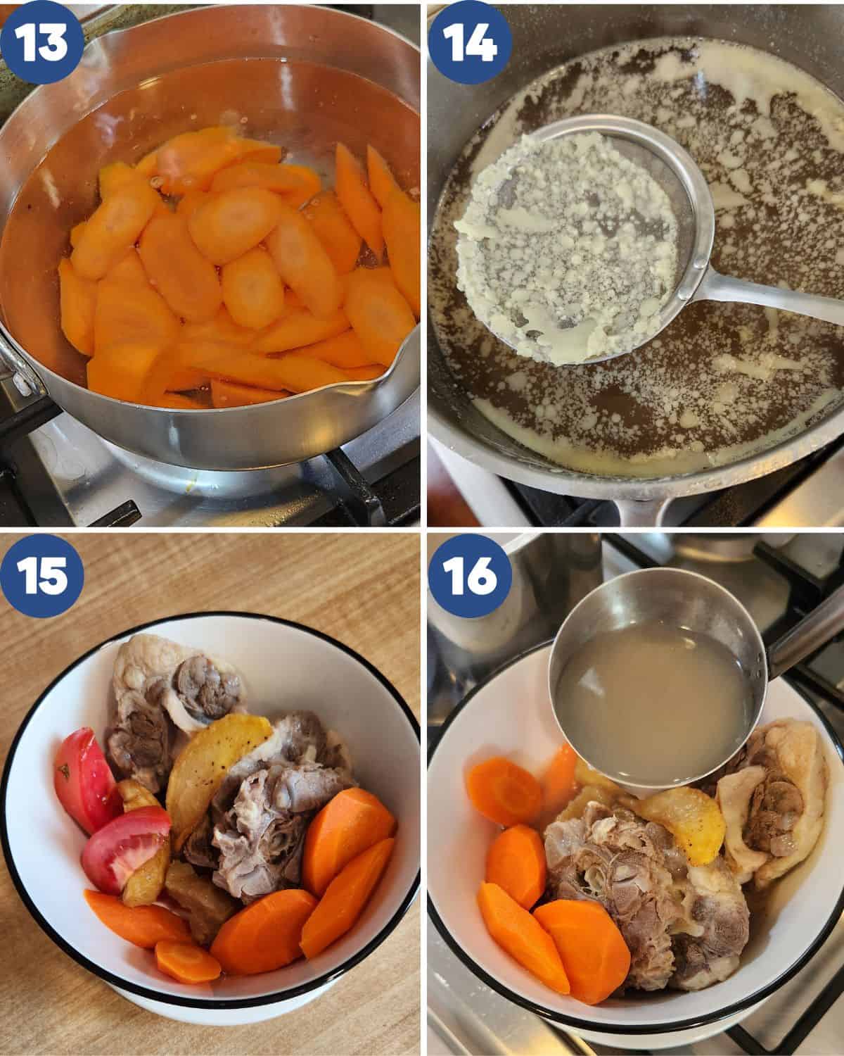 Step by step process photos of preparing the soup for serving.