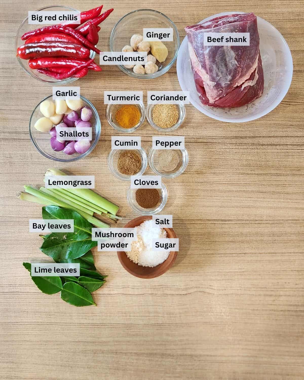 Soto Tangkar Beef Coconut Soup ingredients with labels.