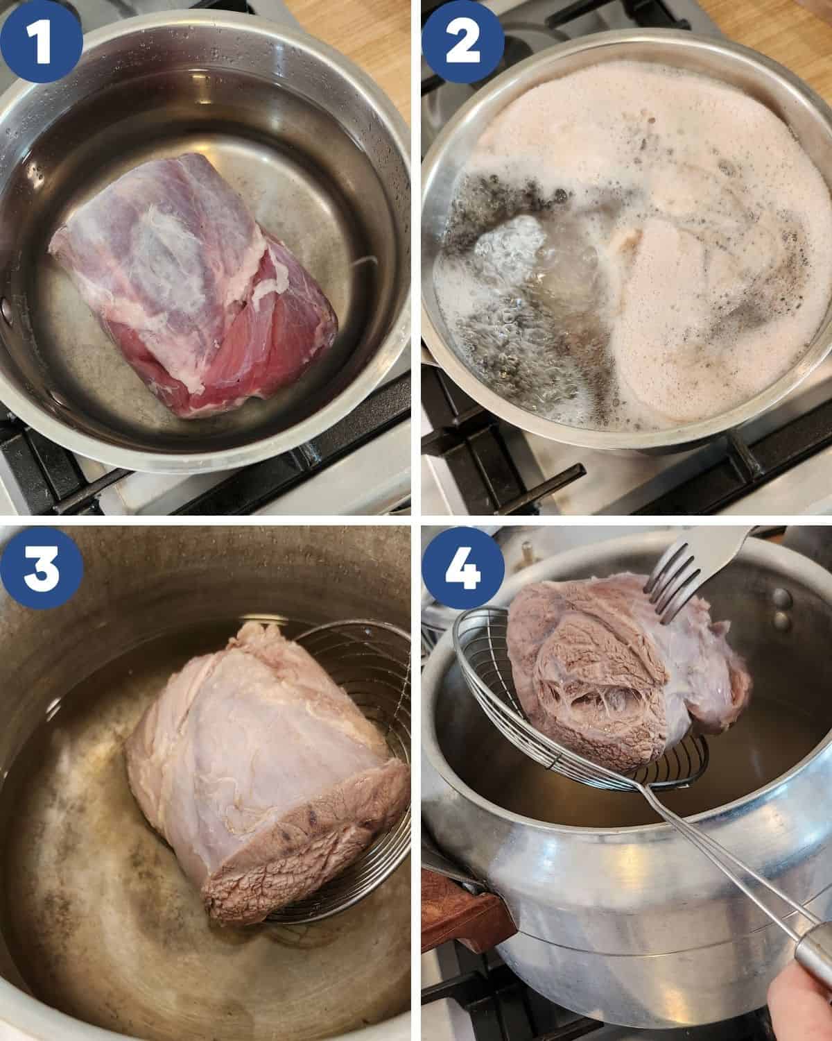 Step by step process photos of boiling the beef shank until tender.