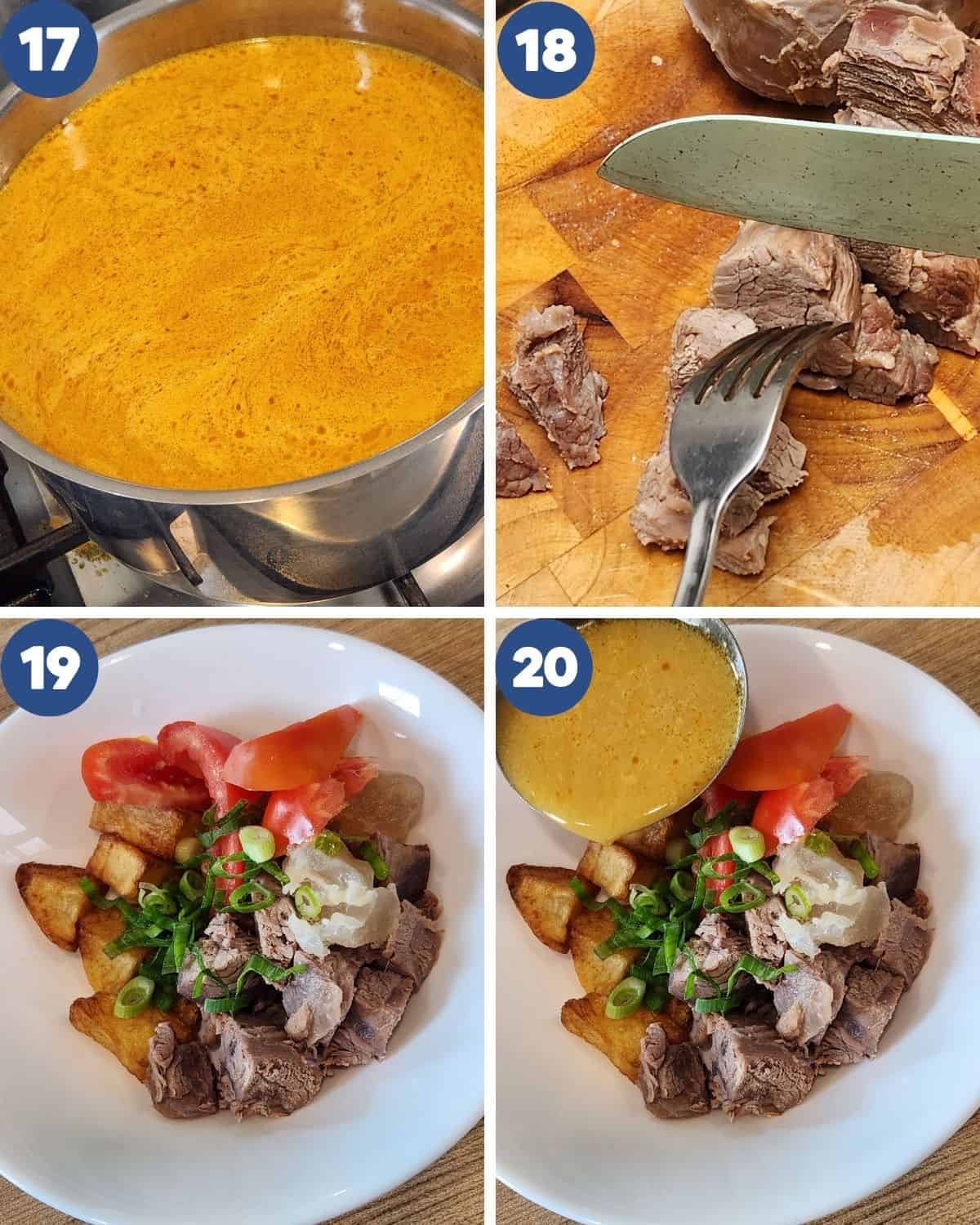 Step by step photos of preparing the beef coconut soup to serve.